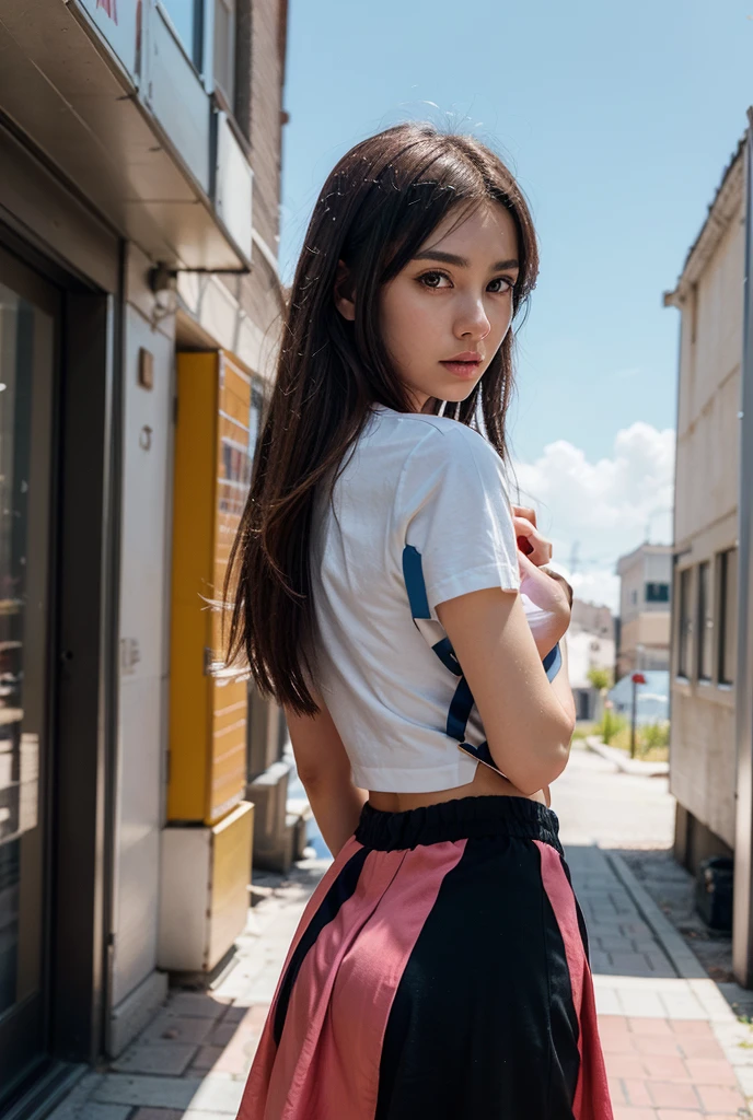 1girl in, 30 years old, Square face, Long hair, Looking at viewer, jewelry, Reality, Sexy, Short skirt outfit, sky background , free pose