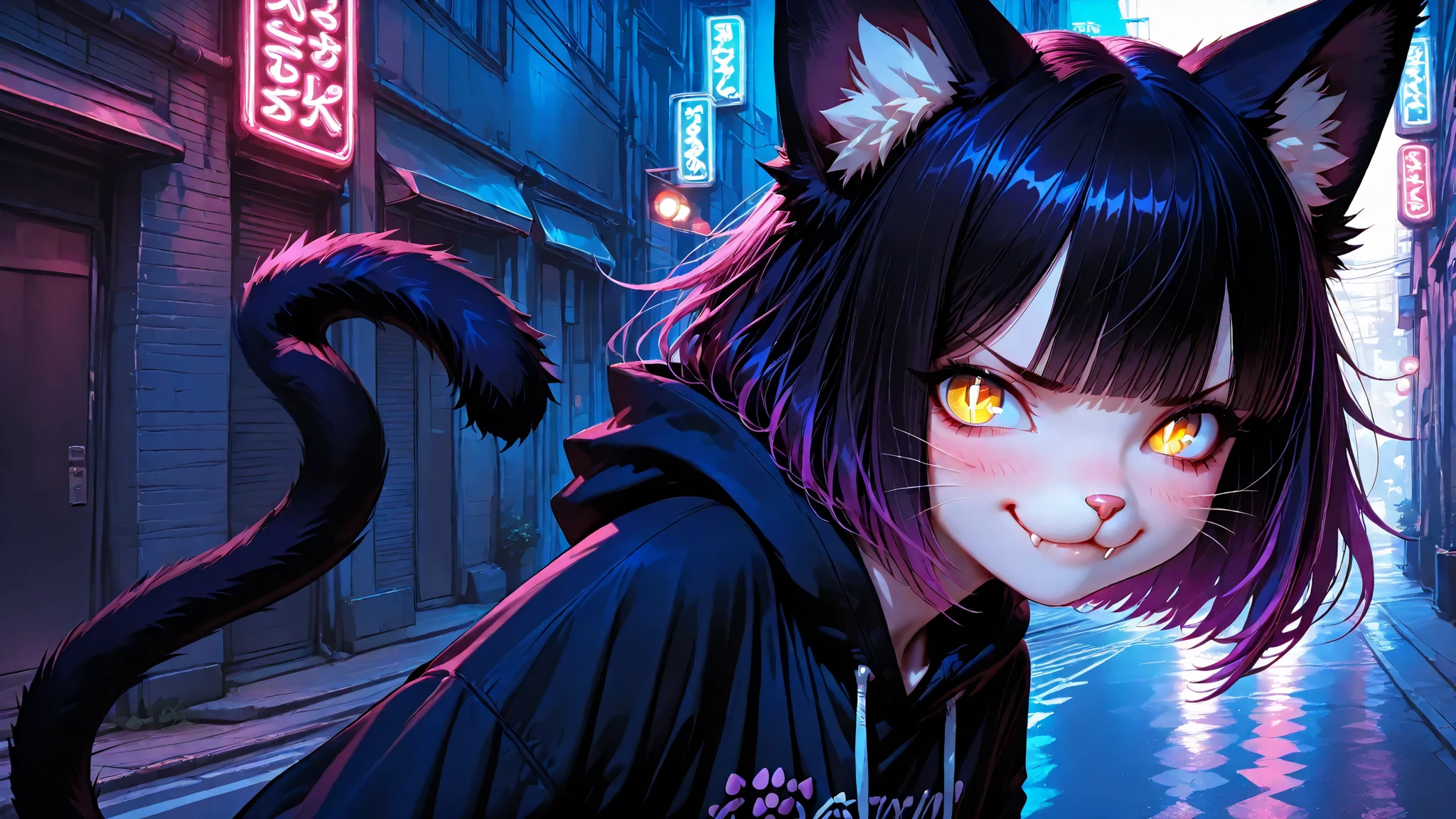 shota,masterpiece, high quality, ultra-detailed, adorable cat boy with fluffy black ears and human face, bright curious eyes with vertical pupils, cute feline features with small nose and subtle whisker marks, playful expression exuding mischievous charm, short fangs visible in slight smile, shiny bobbed hair with purple highlights framing face, furry black tail swishing playfully behind her, wearing simple black hoodie with cat paw print design, comfortable urban streetwear with subtle supernatural elements, prowling gracefully along moonlit city alleyway, nocturnal cat demon exploring her territory with confidence, glowing yellow eyes catching ambient light, urban night setting with neon signs creating colorful reflections, street art and graffiti adorning walls around her, atmosphere of playful mystery rather than menace, magical aura subtle but visible in slight shimmer around silhouette
