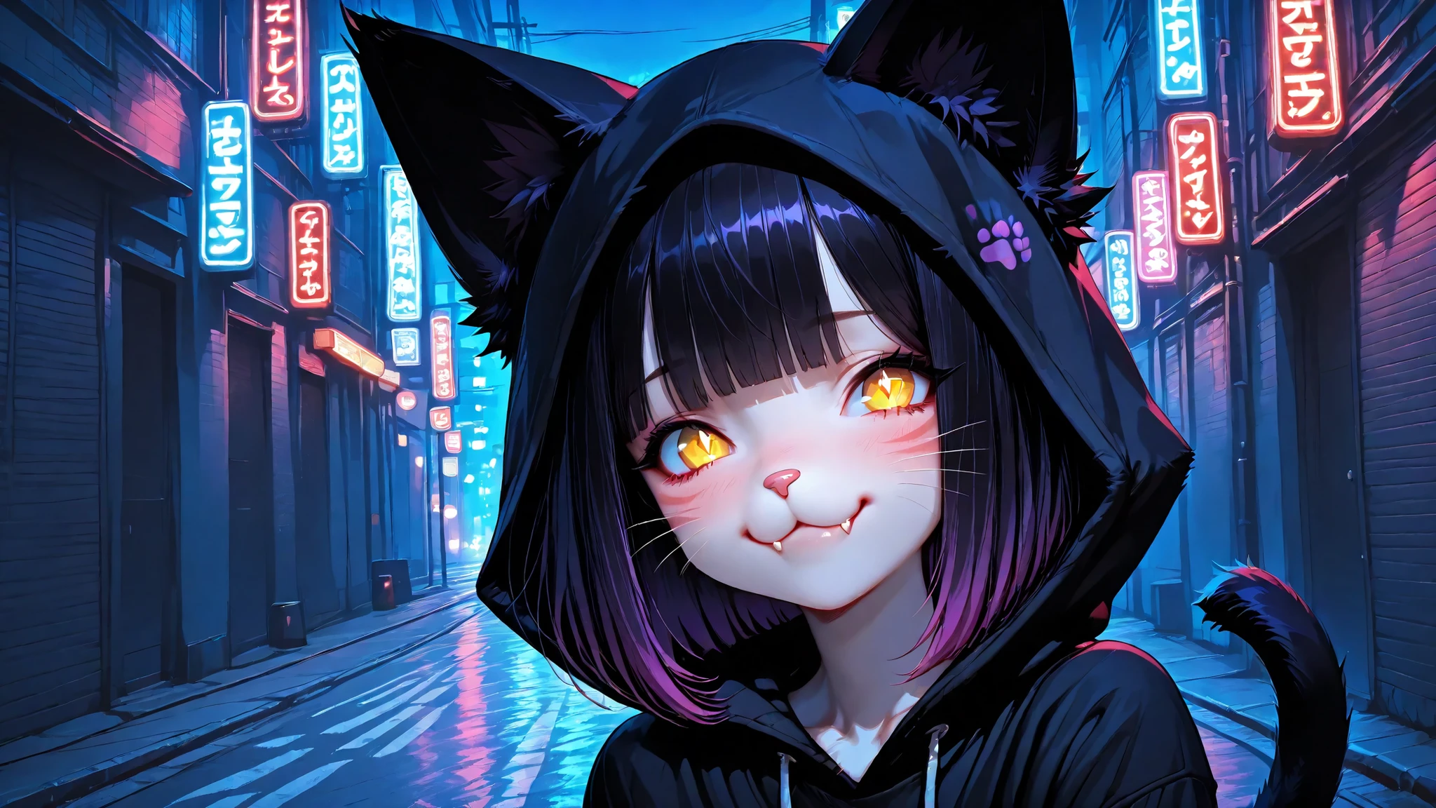 shota,masterpiece, high quality, ultra-detailed, adorable cat boy with fluffy black ears and human face, bright curious eyes with vertical pupils, cute feline features with small nose and subtle whisker marks, playful expression exuding mischievous charm, short fangs visible in slight smile, shiny bobbed hair with purple highlights framing face, furry black tail swishing playfully behind her, wearing simple black hoodie with cat paw print design, comfortable urban streetwear with subtle supernatural elements, prowling gracefully along moonlit city alleyway, nocturnal cat demon exploring her territory with confidence, glowing yellow eyes catching ambient light, urban night setting with neon signs creating colorful reflections, street art and graffiti adorning walls around her, atmosphere of playful mystery rather than menace, magical aura subtle but visible in slight shimmer around silhouette