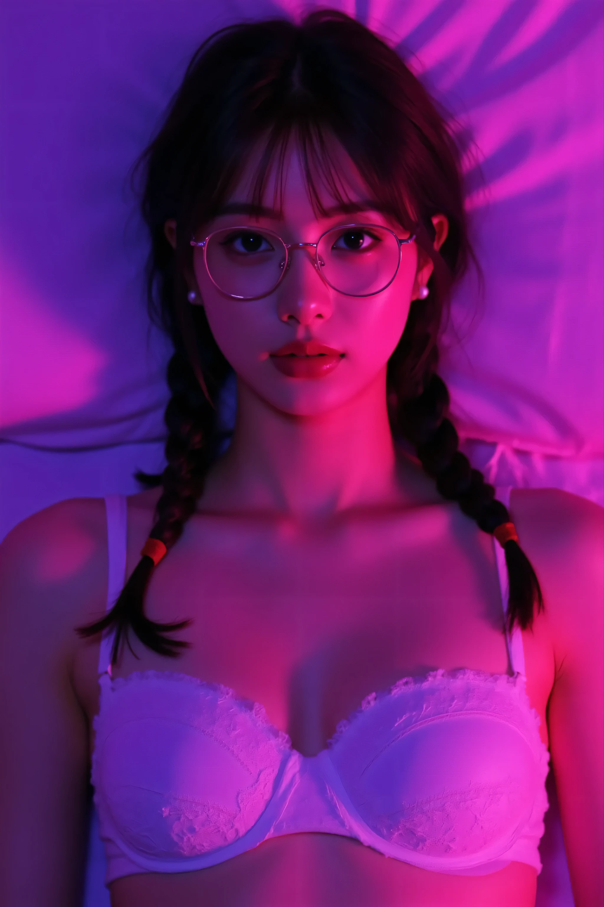 ( best masterpiece、 top quality、 winning works )、(1 high school girl:1.1)、(A petite girl with narrow shoulders:1.8)、(plain glasses with thick edges:1.5)、(twin tail hair with long braids in a low position:1.8)、(Wearing only a bra:1.5)、(Bust up photo:1.1)、perfect portrait photo、 Bright, beautiful skin from above 、(lying in bed:1.3)、( purple and pink obscene luxury bedroom background :1.5)、( purple and pink moody lamp lighting :1.5)、(tyndall effect:1.2)、(very moody and romantic pink and purple lighting:1.2)、(small breasts:1.3)、very white skin、tyndall effect、without makeup、perfect and beautiful face in light fog、clearly depicts beautiful facial details