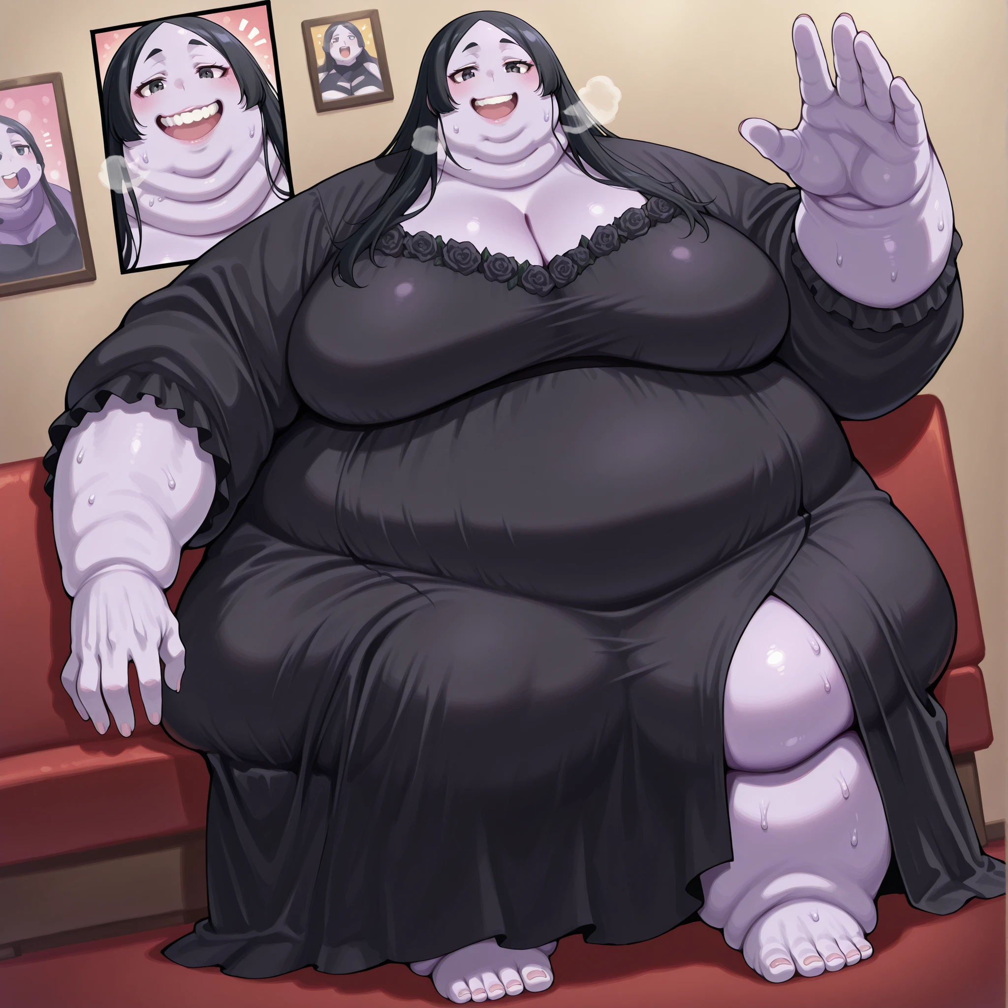  mierukochan vol12, looking at viewer, smile, open mouth, teeth, purple skin, black hair, black dress, breasts, fat, chubby, obese, fat neck, multiple chins, big breasts open mouth, out of breath, Larger female, full body shot, only head, large head, oversized limbs, large hands, large feet, oversized feet, oversized fingers, big lips, plump lips, fat face, fupa, big fupa, fat fupa,  