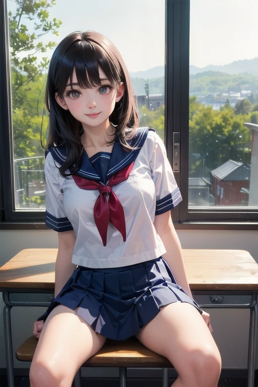 Mischievous and playful girl ,big brest,,Tongue out,slaves,Saliva, droolng, All sweaty, Covered in sweat,school uniform,classroom,JapaneseJK,((Blue sky and realistic clouds outside the window))(wooden floor)