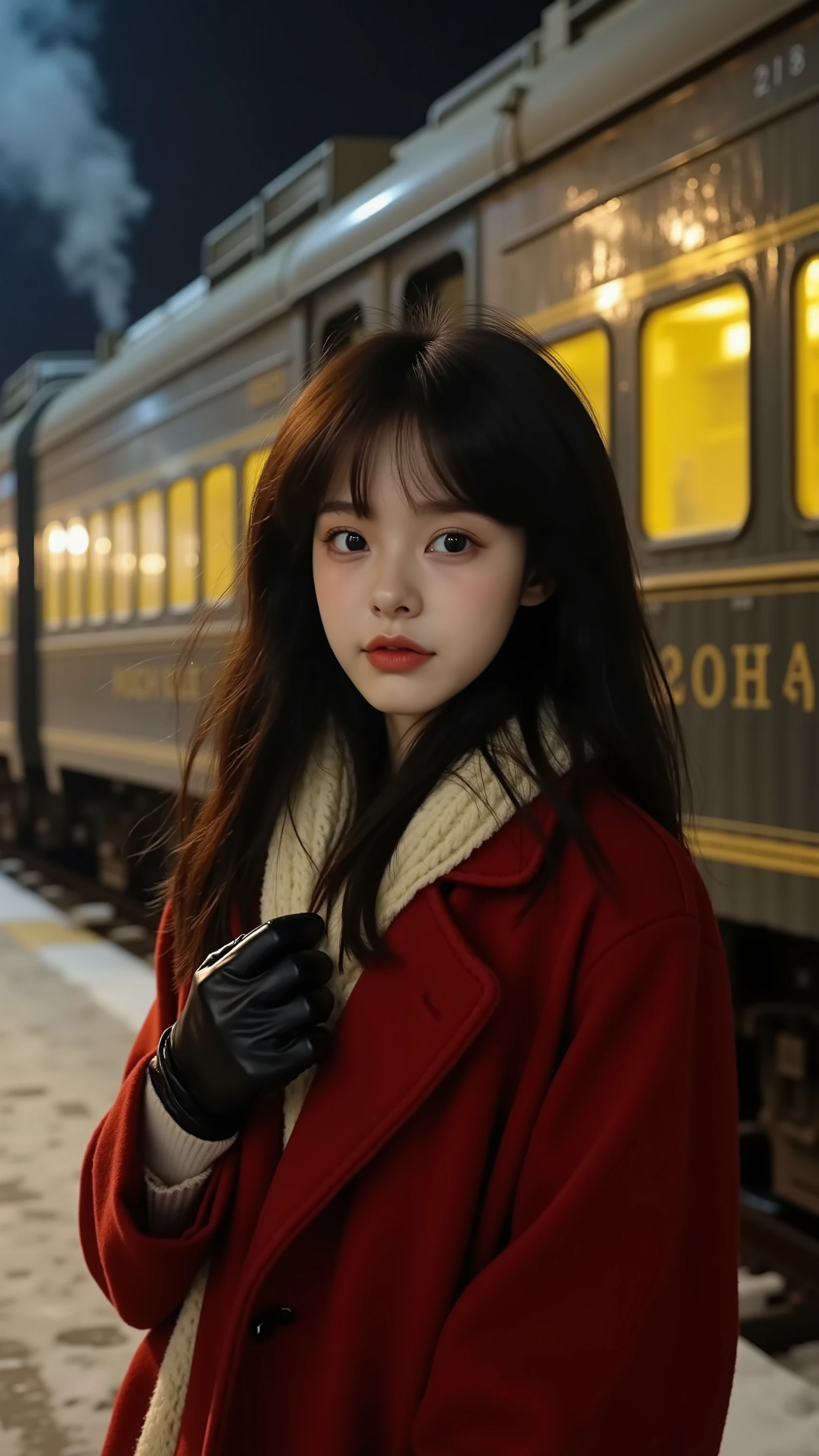 High-end fashion photo: A smooth white East Asian girl with long straight black hair, a sharp face with a striking outline, wearing an oversized dark red winter coat, a soft cream scarf, black leather gloves, half a picture of her standing on a vintage train platform on a hungry winter night Light asphalt all around her back was a train train of shiny black with steam billowing out, the train windows glowed warm yellow, yellow spotlights shone on her face and shoulders, cold wind blowing her hair and a light coat. Her face color was mysterious, minimal lip makeup. Dark red lips Vogue style photos, cinematic soft light. Contrasting tones between dark red and dark blue of the night