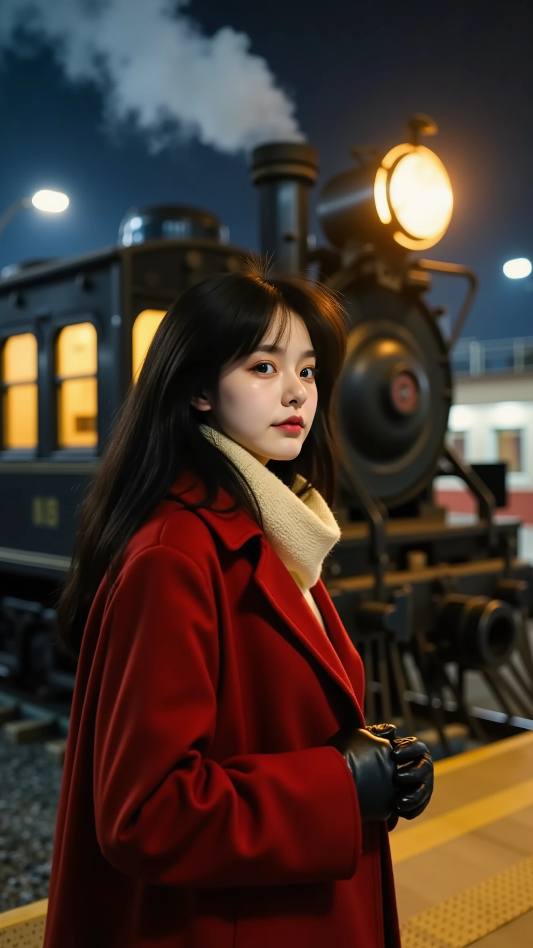High-end fashion photo: A smooth white East Asian girl with long straight black hair, a sharp face with a striking outline, wearing an oversized dark red winter coat, a soft cream scarf, black leather gloves, half a picture of her standing on a vintage train platform on a hungry winter night Light asphalt all around her back was a train train of shiny black with steam billowing out, the train windows glowed warm yellow, yellow spotlights shone on her face and shoulders, cold wind blowing her hair and a light coat. Her face color was mysterious, minimal lip makeup. Dark red lips Vogue style photos, cinematic soft light. Contrasting tones between dark red and dark blue of the night