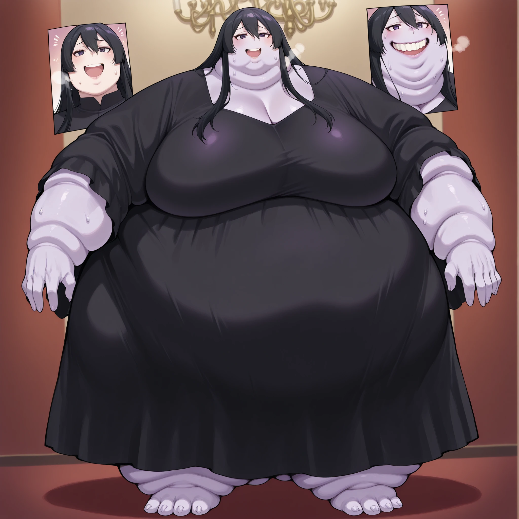  mierukochan vol12, smile, open mouth, teeth, purple skin, black hair, black dress, breasts, fat, chubby, obese, fat neck, multiple chins, big breasts open mouth, out of breath, Larger female, full body shot, only head, large head, oversized limbs, large hands, large feet, oversized feet, oversized fingers, big lips, plump lips, fat face, fupa, big fupa, fat fupa, standing 