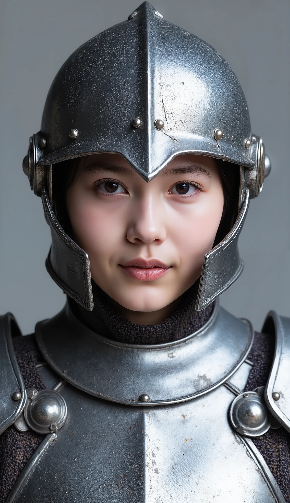 neat young woman wearing luxurious silver armor、、female knight、wears a helmet on his head、full-face helmets、、、looking at camera、looking directly in front、、、face close-up、grey background、
