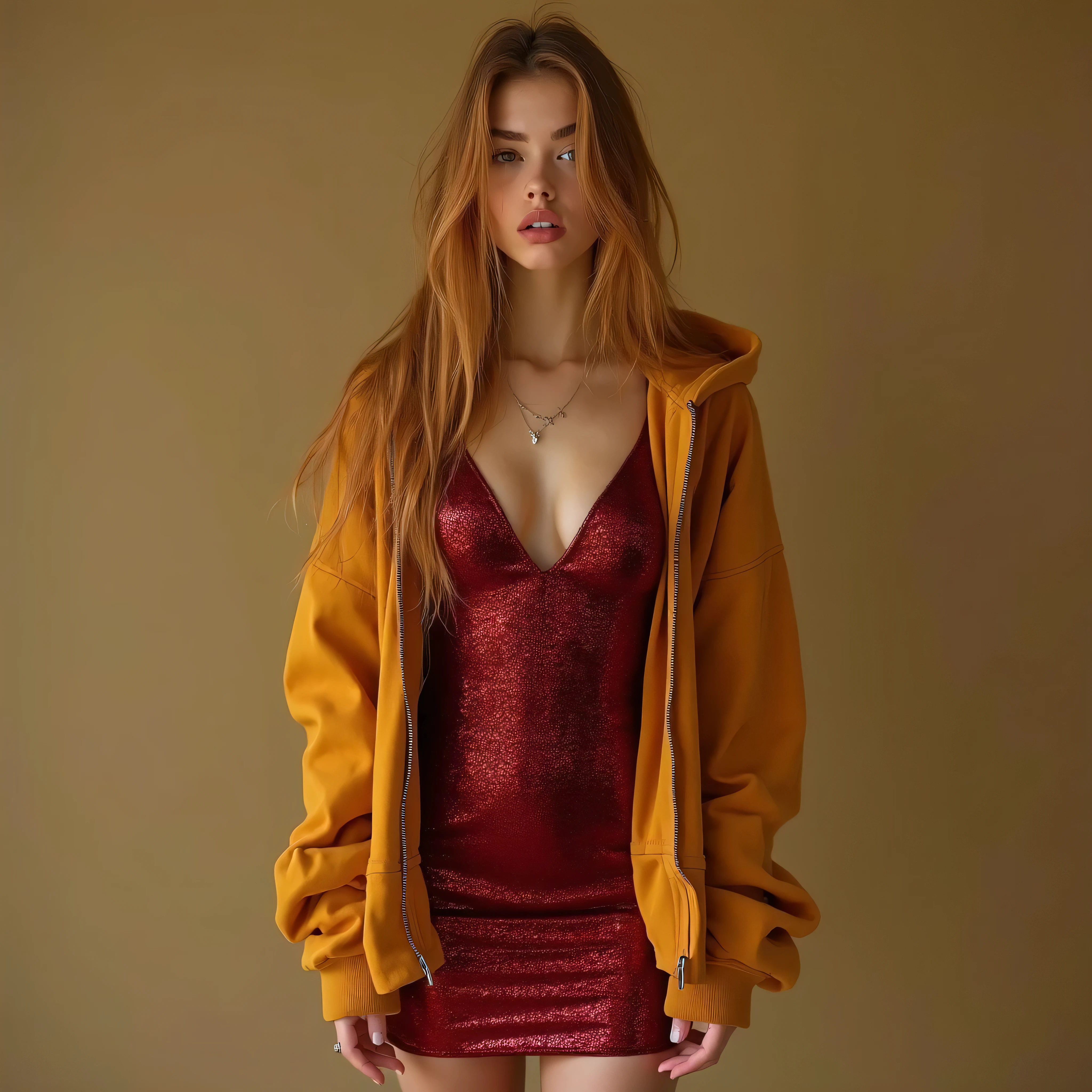 A realistic, high resolution photograph of a beautiful woman in her 20's; full body frontal view facing the camera with her arms at her side, looking at the camera. There is extra space in the photo above her head. She has a lithe, fiaerie like, fashion model figure with small rounded, uplifted breasts, medium hips, and a slim waist. She has unkempt medium straight copper blonde hair with a middle part. She has a perfect, heart shaped face, thin lips, a small nose, a short, bull neck, and ears that lay close to her skull. She has brown eyes, and a vanilla complexion. Her lips are closed and she has an anxious expression. She is wearing a long sleeved cherry red glittering bodycon mini dress and an open ochre hoodie. Her breasts are well defined beneath the clothing and you can see a bit of cleavage. There is no one else in the photo. There is extra space above the subject’s head and centered composition — suitable for magazine-style layout or cinematic framing.