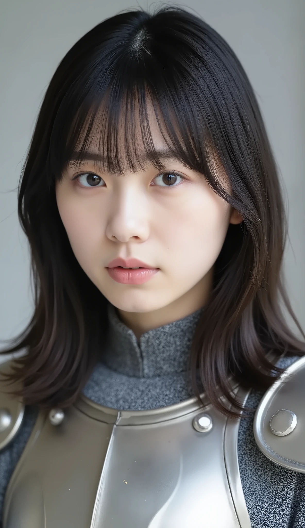neat young woman wearing luxurious silver armor、、female knight、、、ear piercings、looking at camera、looking directly in front、歯を見せた笑顔、、face close-up、grey background、