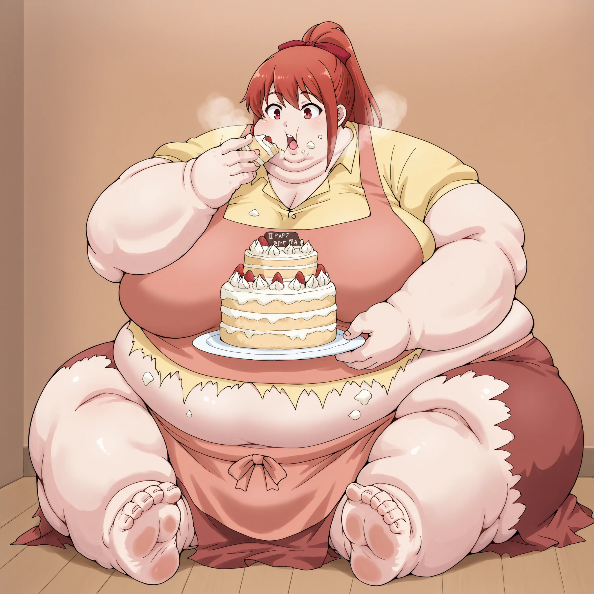 mikaisksmpn, red eyes,
addmicrodetails, fat, chubby, obese, fat neck, multiple chins, big breasts open mouth, out of breath, Larger female, full body shot, only head, large head, oversized limbs, large hands, large feet, oversized feet, oversized fingers, big lips, plump lips, fat face, fupa, big fupa, fat fupa, hunchback, sitting down, eating tons of cake, cake mess, food mess, food stains, ripped clothes, torn clothes, small clothes