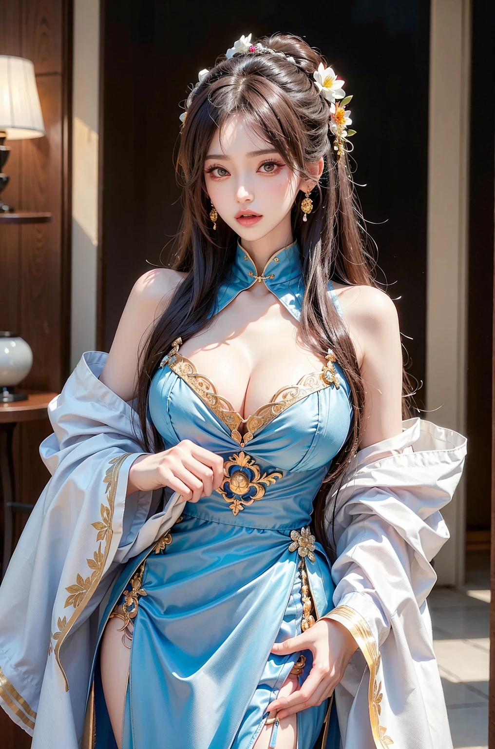 (((Wool Fabric Prom Dress in Orange Color))) , ((((cabelos marelos)))) , (((seios grandes, quadris largos, cintura fina, 16 anos)))     joias e colares de cabelo, Carinha bonita Sobrancelhas finas, The most beautiful and flawless face, os olhos muito bonitos, grandes olhos verdes redondos, Fine and detailed makeup eyelashes, nariz alto, usando brincos,small red lips, rosto rosado, Seios aumentados e redondos, seios apertados,   Retrato de uma menina bonita, Foto 8k, super alta qualidade, super realistic, 10x super pixels, foto realista, Dark Studio, luz de borda, luz de dois tons, (pele detalhada) High: 1.2), 8k UHD, DSLR, luz suave, alta qualidade, volumetric light, candid, fotografia, high resolution, Qualidade 4k, 8k, Bokeh, smooth and sharp, pixel para cima 10 vezes, (background space: 1.8), (galaxy: 1.7), aurora, lightnings, (Plano de fundo do Aurora: 1.8), parte superior do corpo, A duelista mais temida de toda Valoran, Fiora is renowned as much for its brusque manners and wit as it does for the speed of its steel rapier. Nascida na Casa Laurent no reino de Demacia, Fiora took control of his father's family in the wake of a scandal that nearly destroyed them. The reputation of Casa Laurent was tarnished, but Fiora goes to great lengths to restore the honor of his family and return them to their rightful place among the best of Demacia.