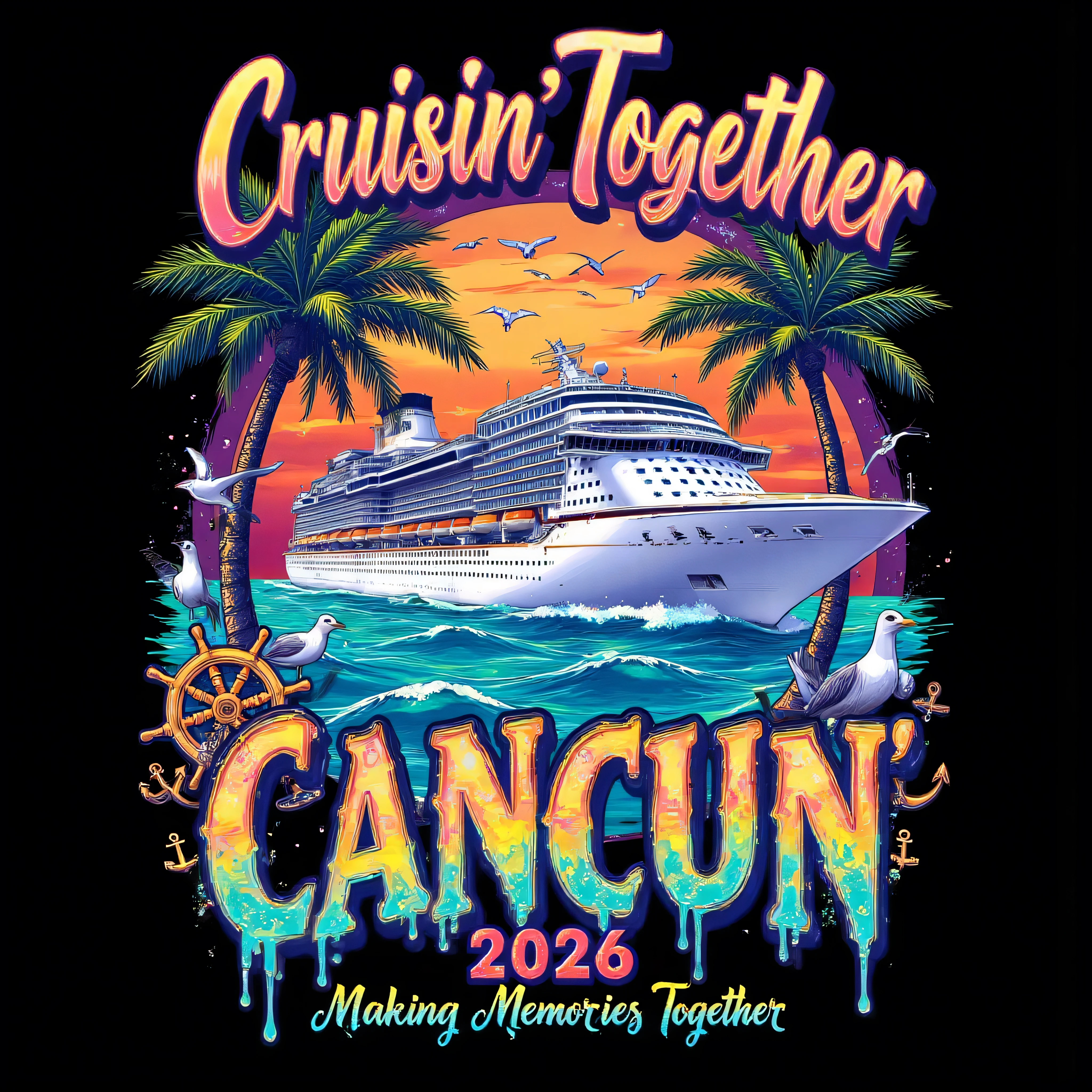 high-resolution,realistic,black background,creative,digital vibrant highly detailed T-shirt design featuring colorful style a large white cruise ship sailing on turquoise wave ocean, framed by palm trees, ocean waves, seagulls,a drawing circle sunset in the background.Use bold neon colors with smooth digital airbrush shading and strong highlights for a glossy, poster-like look,Above illustration Add stylish text “Cruisin’ Together” in large bold curved elegant flowing gradient colorful tone and below illustration add text “CANCUN 2026” in large bold block uppercase glossy dripping gradient tone blue,teal,green,yellow,orange with nautical icons like anchors and a ship wheel. Add the phrase “Making Memories Together” in handwritten grafiti text at the bottom. composition centered layered with depth, glowing accents, and saturated tropical tones.clean outlines, high contrast, and vivid vacation energy.Balanced Square layout suitable for t-shirts, eye-catching,hd,