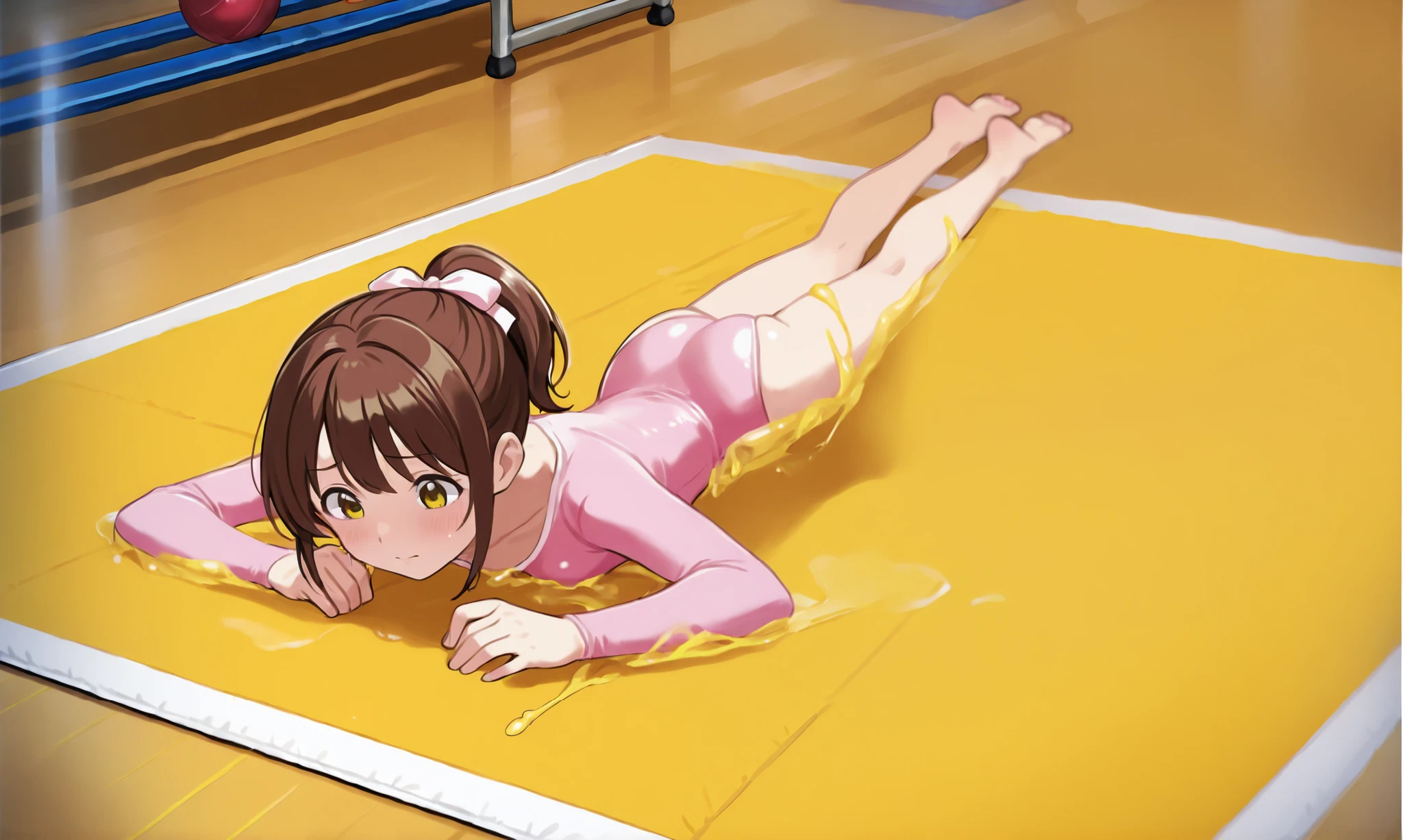 one girl cute it's embarrassing pink leotard with a simple look long sleeve leotard Rhythmic gymnastics short ponytails are popular brown hair in practice Barefoot gymnasium Yellow Sticky Matte 胸にyellow glueがくっ付いた yellow glue slime(substance), prone, on stomach,