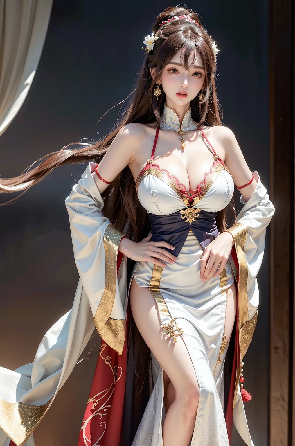 (original: 1.2), (real: 1.4), absurd, unbelievably absurd, ultra detailed, high resolution, ultra detailed, best quality, amazing, top quality, extremely detailed CG 8k wallpaper unit, cinematic lighting, (perfect glowing skin: 0.6 ), flowing slender lines, thin waist, (priest, magic wand, low legs, neckline cutout: 1.4), finely detailed robes, jewelry, precious stones, gold, silver, diamonds,  Glitter, sapphire, ruby, emerald, pearl, red hair