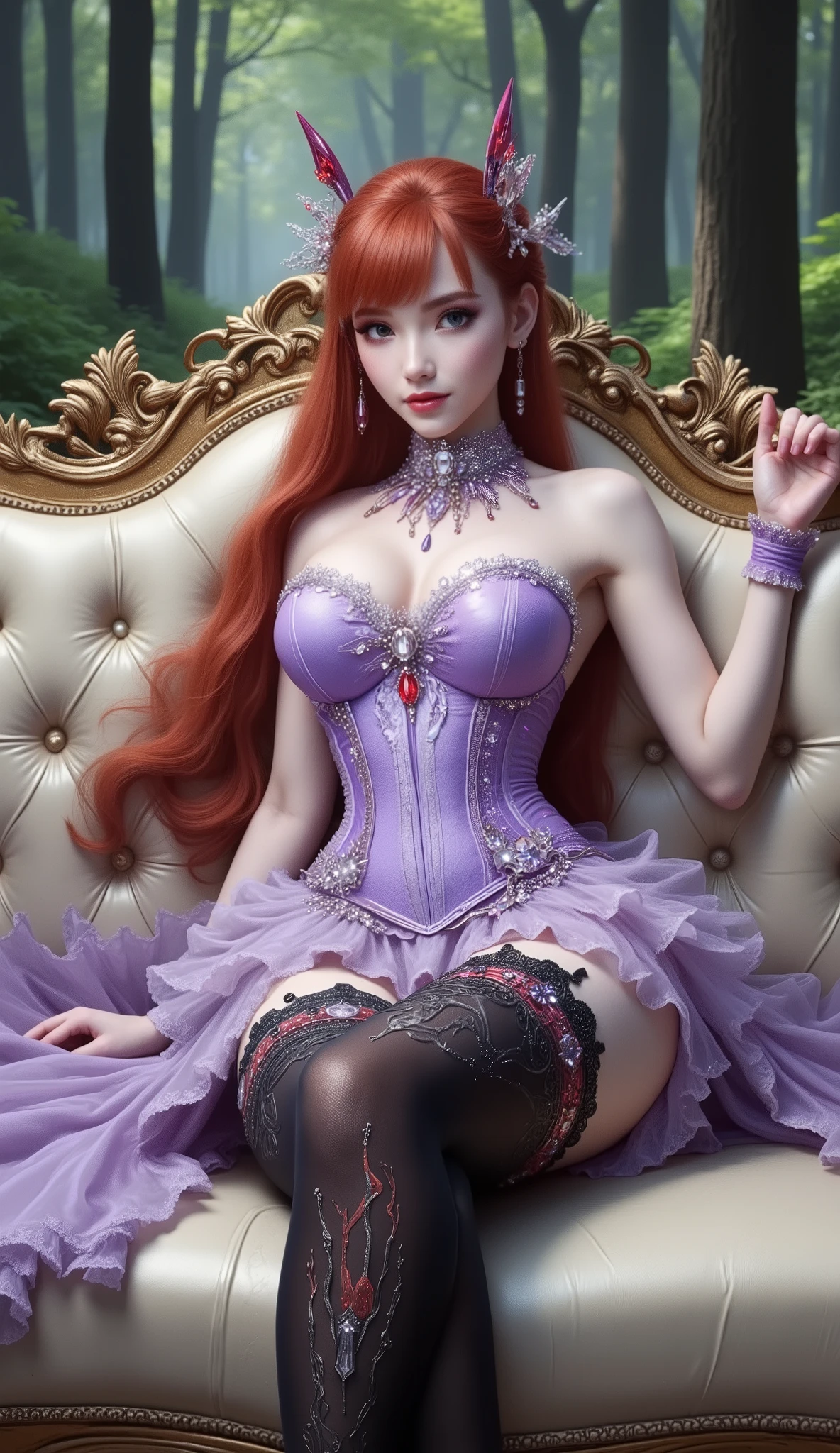 A futuristic fantasy-themed figure, with red hair, lies gracefully on an ornate beige sofa adorned with gold carvings. She gazes directly at the viewer with a soft, alluring expression, her cheeks lightly flushed. She is wearing a strapless, corset-like purple dress with a plunging neckline. Her outfit blends gothic elegance with cyberpunk technology, adorned with sparkling gems and intricate magical embroidery. The dress has a structured hourglass silhouette, shimmering softly in pastel hues. She also wears a ruffled mini skirt with a blink-blink motif, thigh-high jewels, very long, thick lace stockings that reach her crotch with a black lava and flame motif with chain garters, bracelets wrapped around her thighs, and an ornate red crystal necklace around her neck. The overall look is ethereal, celestial, and elegant, the atmosphere of the night, evoking a magical guardian from a fantasy world. The lighting is soft, the atmosphere is springtime, and the forest backdrop is enchanting.