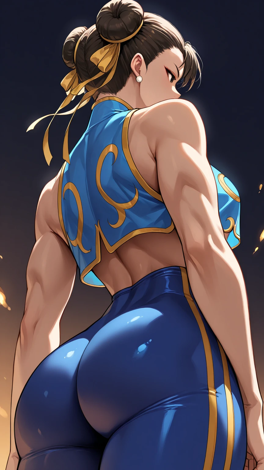 absurdres highres 1girl_(Chun LI) ((ass)) blue_choker bracelet saggy_breasts brown_eyes brown_gloves brown_hair choker cowboy_shot double_bun fingerless_gloves (from_behind) gloves hair_bun (huge_ass) jewelry medium_breasts muscular (muscular_female) short_hair solo spiked_bracelet spikes 