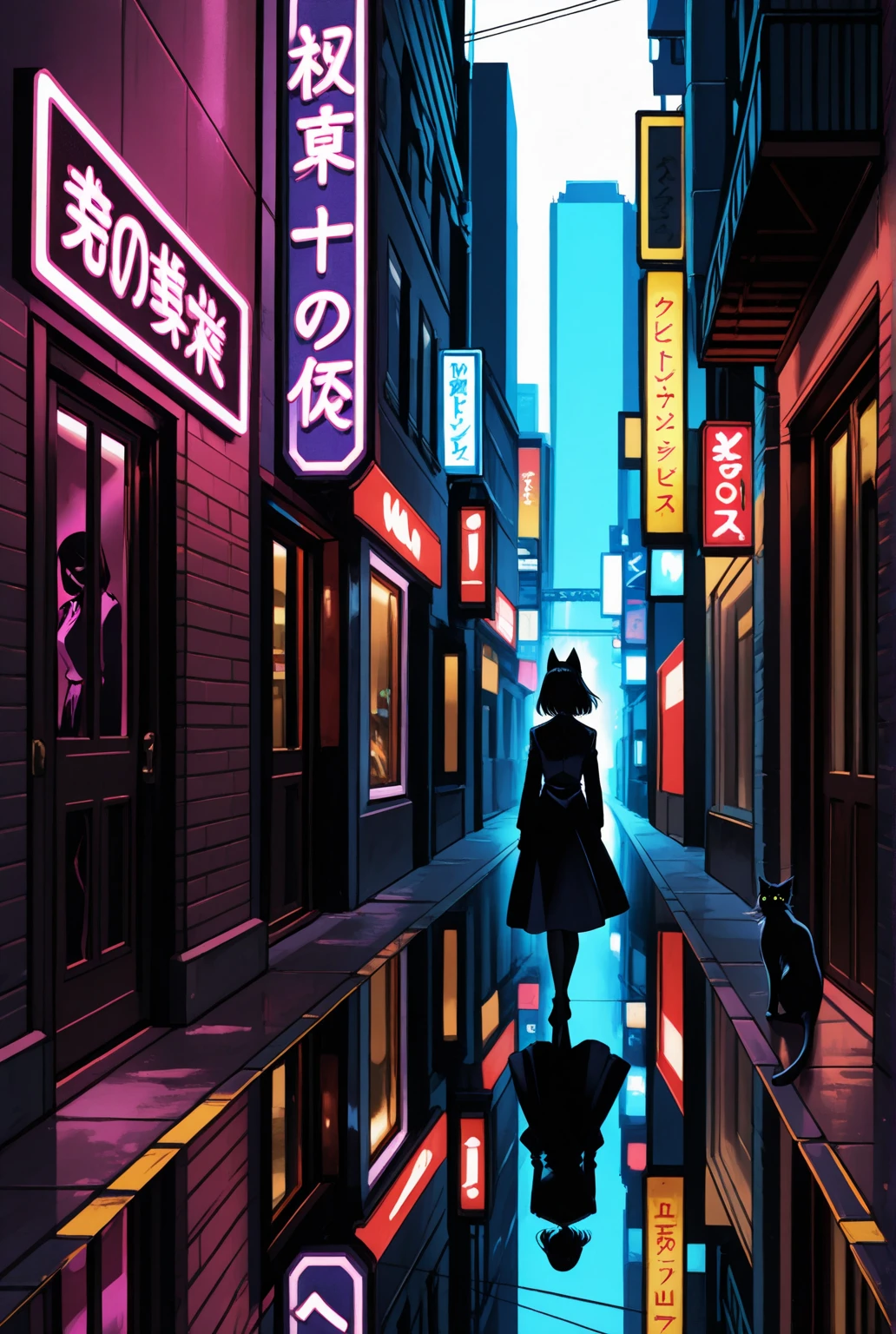 Create a scene, night, On a dark street inspired by the streets of London, Only illuminated by the yellow light of the street lamps in the distance. Wet street tiles，There was mist in the air. The streets were empty, Only two young men stood out. A person wearing white warm clothes、A girl with dark hair and a black warm clothes、Blonde boy. A cat walks along the wall of one of the houses. (The scene needs to have a black vibe)