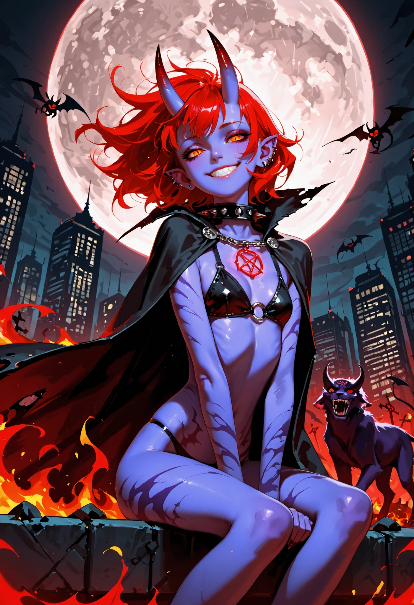 (((feral))), lioness, female, animal, demon, colored skin, skinny, oni horns, pointy ears, ear piercing, sharp teeth, ,ram horns, feline body, spiked collar, a torn black cloak flutters in the wind, BREAK, perfect body, (purple body skin), skimpy, seductive smile, mouth open, sitting, ((((in a fiery pentagram))), columns of red light around, black fog, solo, solo focus, demon summoning, night, skyscraper roof, full moon, detailed background