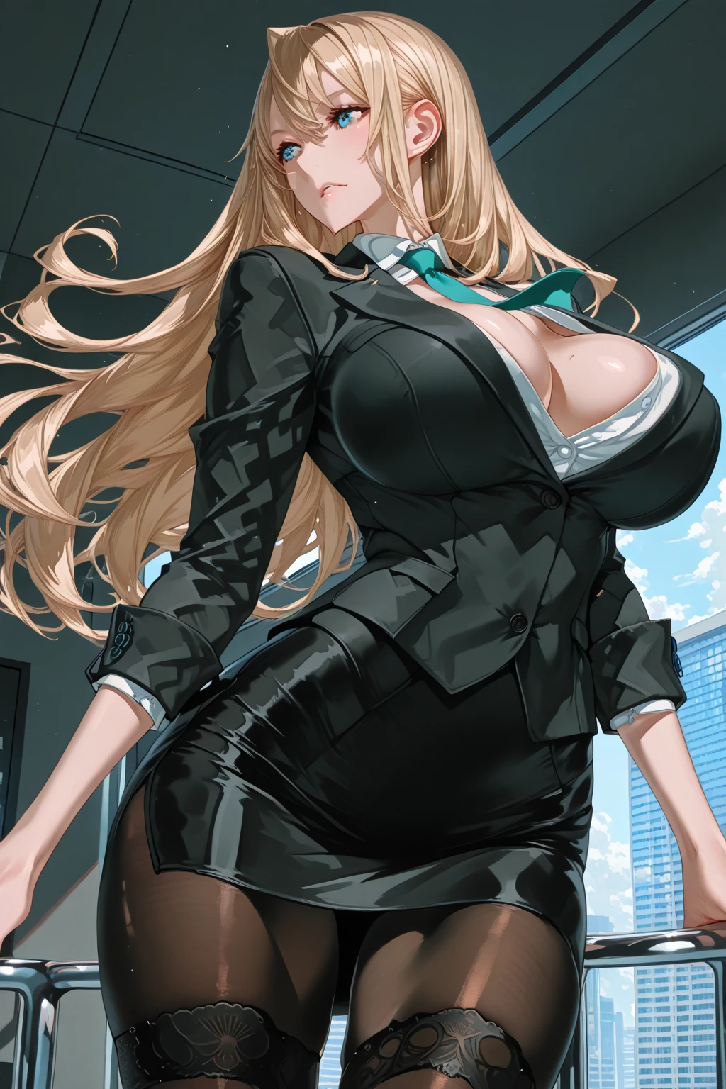 (highest quality:1.2,evil lady,cg, Very detailed, High Detail, digital coloring, High Contrast, masterpiece:1.2,suits, highest quality, Best aesthetics), 8k,masterpiece, cute,tall,beautiful,best quality, 1lady,blonde hair,long hair,wavy hair,empty eyes, (finely detailed glowing eyes and detailed face),,,,extremely detailed cg unity 8k wallpaper,solo,(latex military costume:0.9),large breasts,seductive smile,,latex thighhigh,large breasts,black hair,pink eyes,no jacket,formal shirts,thighhigh,,enamel suits,grossy lips,sitting,tight skirt,sadistic smile,,heel,shiny skin,tight  skirt,detailed face,beautiful body,,adult,,show me breasts,sadistic,seductive smile,business suits,latex,no tie,bust shot,open mouth,necklace,office room,from above,burikko  pose