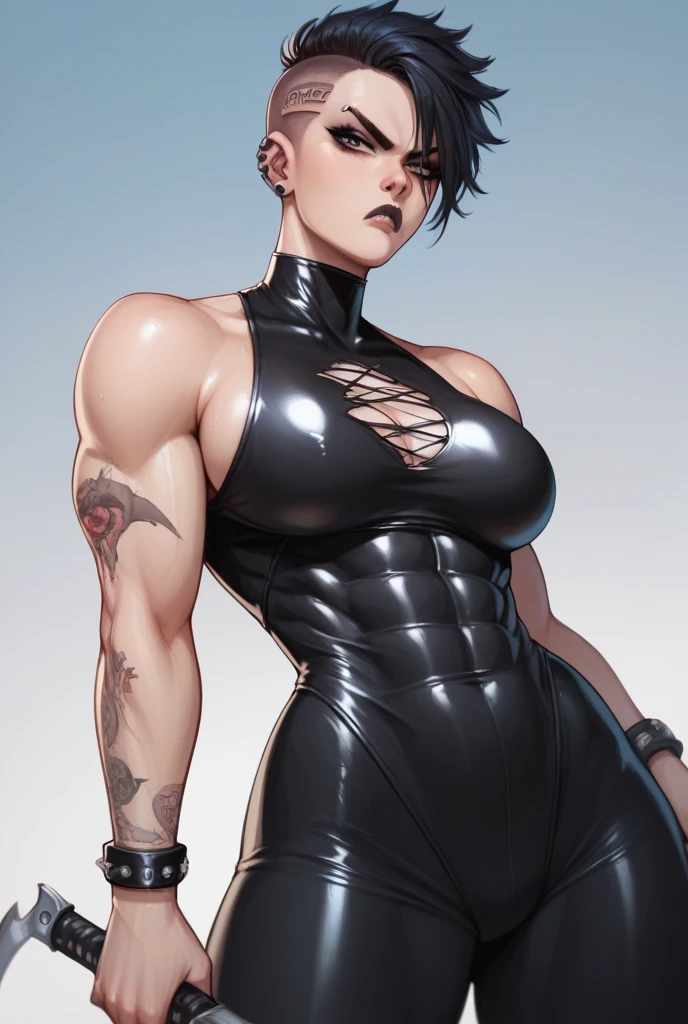 Realistic Huang Tingting, Delicate and messy short black hair, Medium shot     , delicate skin, Detailed body, musculous, Alone, Wear Glitter Latex Glitter Leather Skinny short short Hot Pants,average horoscope, Thigh thick, Wide , muscular arms, they have many, bulging veins in the body, vein, muscle veins, Abs, Thigh thick, eBlue eyes, Natural skin texture, Mini vest reveals slender abs, Skin glows, Skin glows, Wet skin, soaking, Skin glows, oilly skin, in the mediterranean, hight contrast, Realistic skin, skin pore, intricately details, with black background, hight contrast, Realistic skin, skin pore, intricately details, RAW photogr, ,glossy lips, lusciouslips, pretty nose, lifelike rendering, Immersive atmosphere, lightand shade contrast, Moody light, Perfect female body, Realistic skin, skin pore，high-leg swimsuit，One-piece swimsuit，