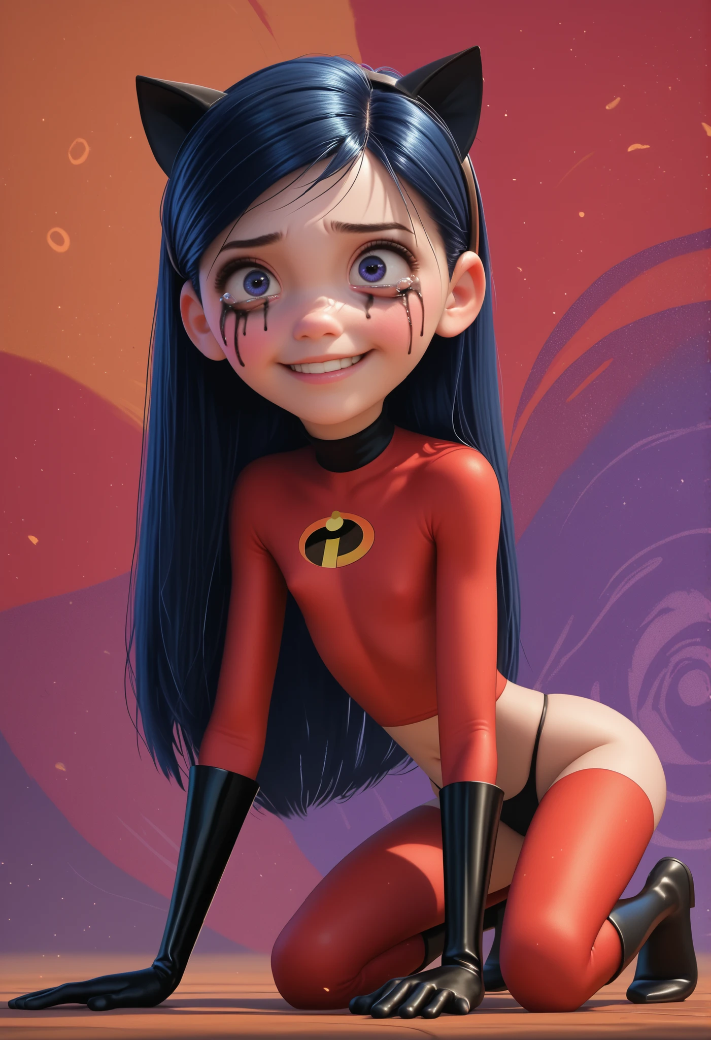 score_9, score_8_up, score_7_up, score_6_up, score_5_up, score_4_up, 1girl, VioletParr, superhero, long hair,detailed skin, abstract background, beautiful girl, beautiful eyes , cute babe, long hair, strapless tube top, navel, cat ears, cute underwear (g-string), seductive, little smile, excessive scratch marks, happy, black makeup, black mascara running, ghotic makeup, black tears , skinny, on all fours, pressing head on the ground, full body shot, ass visible , flat chest, three-quarter view