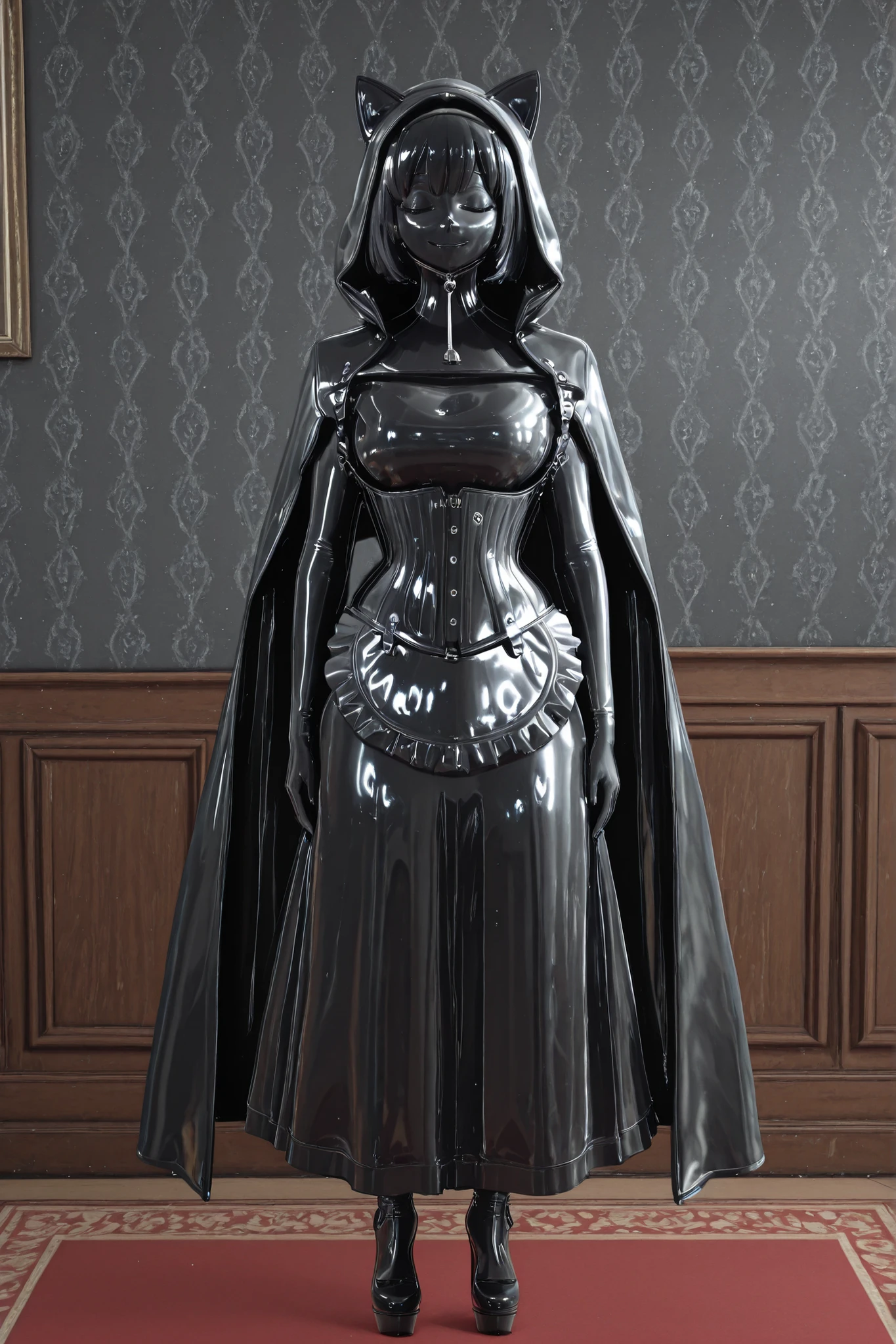 maniajuns, black latex skin, black lenses, black hair, happy, girl in closed shiny black catsuit,NeckCorset, HW_Corset, standing,latex,maid,gothic,frilly,ruffles,bow,latex hood,latex cape,black latex long skirt, Wide Skirt,black latex long puffed sleeves,black latex long gloves,black latex big apron, full body, 1 girl,  high heels,view straight ahead,front view..