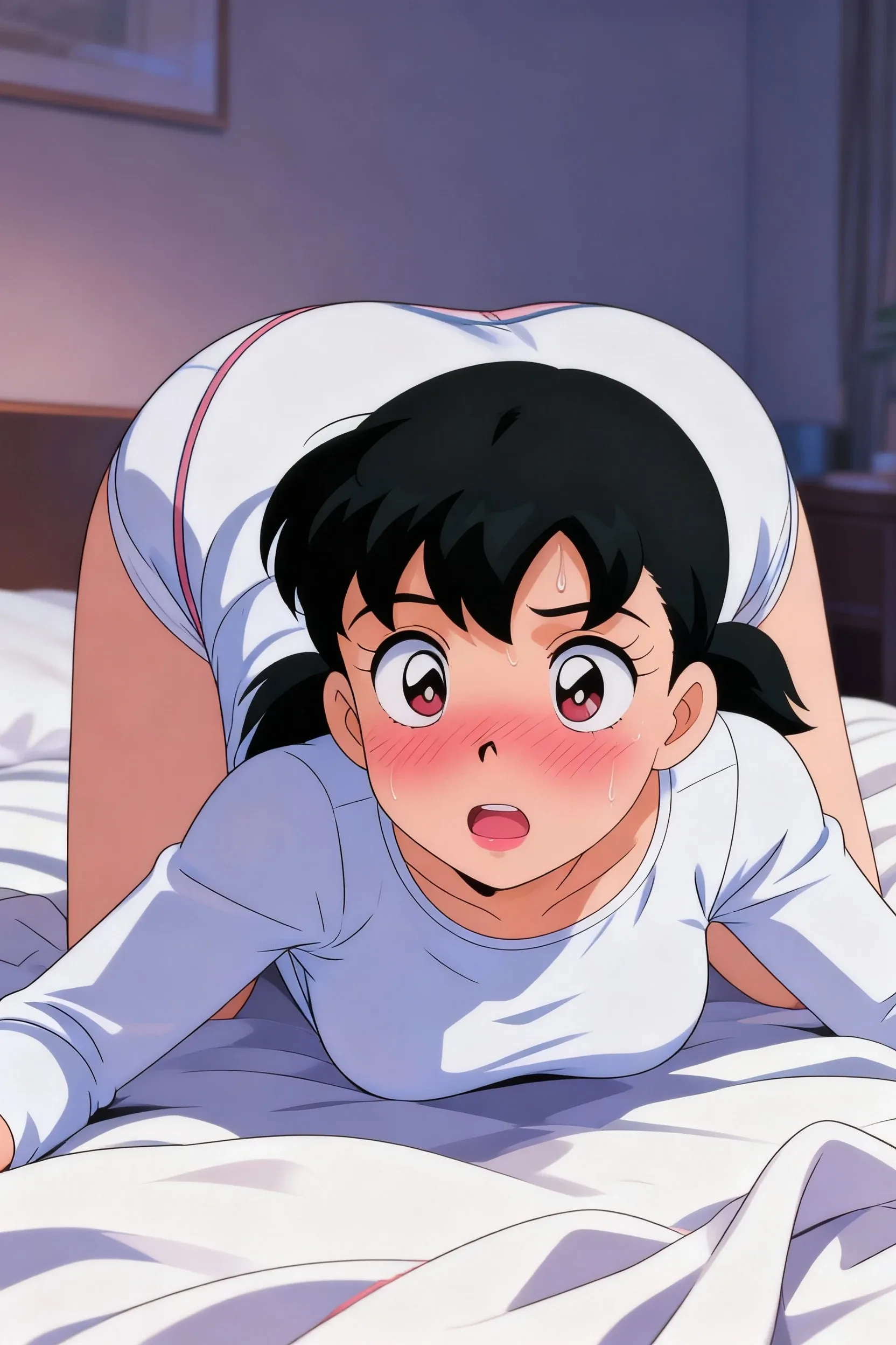 Masterpiece HDR photography, High resolution, highest quality, 4k, 1 girl, black hair, brown hair,  MizuhoR4, looking at the viewer, pajama sweater,sit, bed,  . high dynamic range, Brilliant, Rich details, clear shadows and highlights, realistic, intense, Improved contrast, very detailed,1girl,masterpiece, expensive quality, very_expensive_solve, big_file size, full color,(completely :1.2),pussy,niplles,(vaginal :1.2),(toddler:1.6),(chibi:1.3),(flat :1.5),