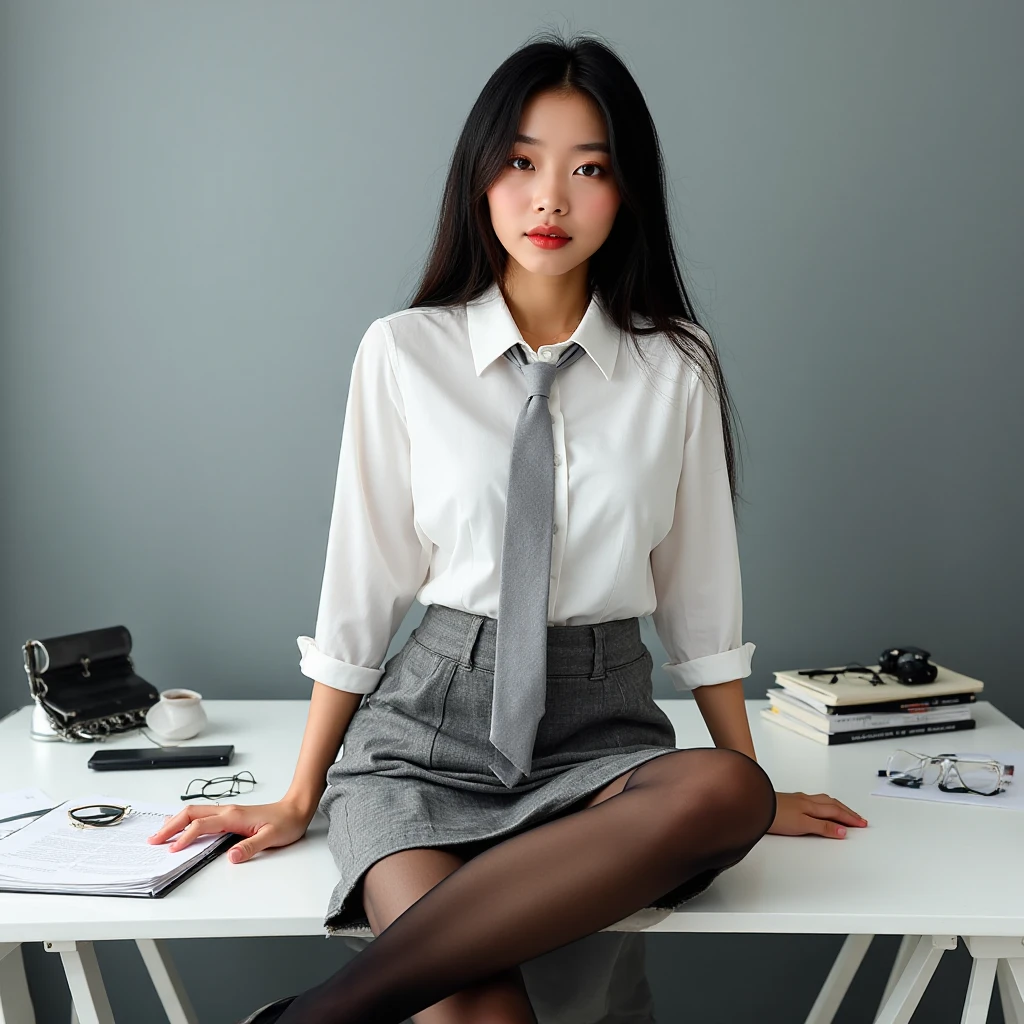 1girl,young girl, shiny skin,,nice leg line:1.3, thin waist,school uniform, thighhighs,necktie,((pencil skirt)),looking at viewer,from below,( pantyhose:1.3),(The golden ratio figure),(Office, sit in a chair:1.3),Close range
masterpiece, best quality, best perspective, ultra-detailed and intricate, extremely delicate and beautiful, best quality light, (ray tracing:1.1), anti-aliasing,
realistic,photorealistic,award-winning illustration,(intricate details:1.2),(delicate detailed) (intricate details),(cinematic light,best quality Backlights),clear line,sharp focus,official art,unity 8k wallpaper,absurdres,incredibly absurdres,huge filesize,ultra-detailed,highres,extremely detailed extremely delicate and beautiful,RAW photo, professional lighting,dynamic lighting,light on the face,depthoffield,solofocus,