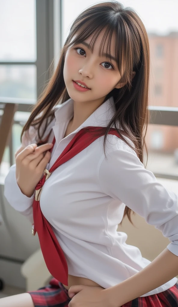 (1young girls), Brown hair,Exposed panties (extremely detailed beautiful face), Amazing face and eyes, (Best Quality、Great cleavage:1.4), (Ultra-detailed), (extremely detailed CG unified 8k wallpaper), Highly detailed, High-definition raw color photos, Professional Photography, Realistic portrait, Amazing face and eyes and slightly fleshy thighs, Pink eyes, (High School Uniform, Pleated mini-skirt:1.3), ((High school uniform with open ?????)), modeled, shyly smile, sitting in the couch, (Open your legs), (((Bokeh))), depth of fields, depth of fields, Twilight, Sunset, (View from below:1.3),Smile full of happiness、Expression in a state of excitement、yawning being、panting、Looks happy