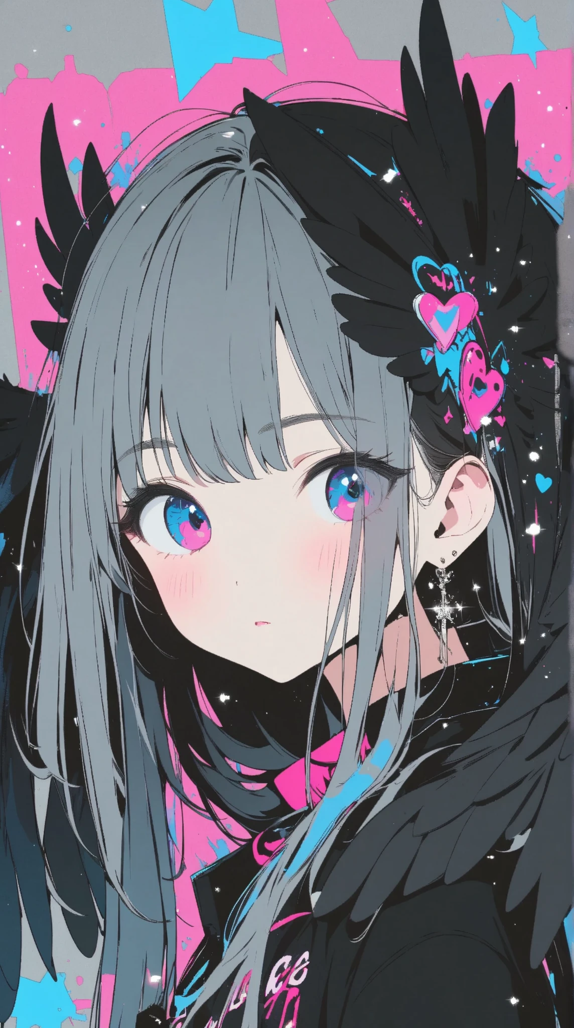 masterpiece, top quality, super detailed, super aesthetic, flat anime, 1girl, PORTRAIT, look at me, black jacket, accessory, black wings, Crow's Feather, cute anime,flat color, Sparkling particles, Graffiti Themes , Transcendental Technique Illustration, pop art,