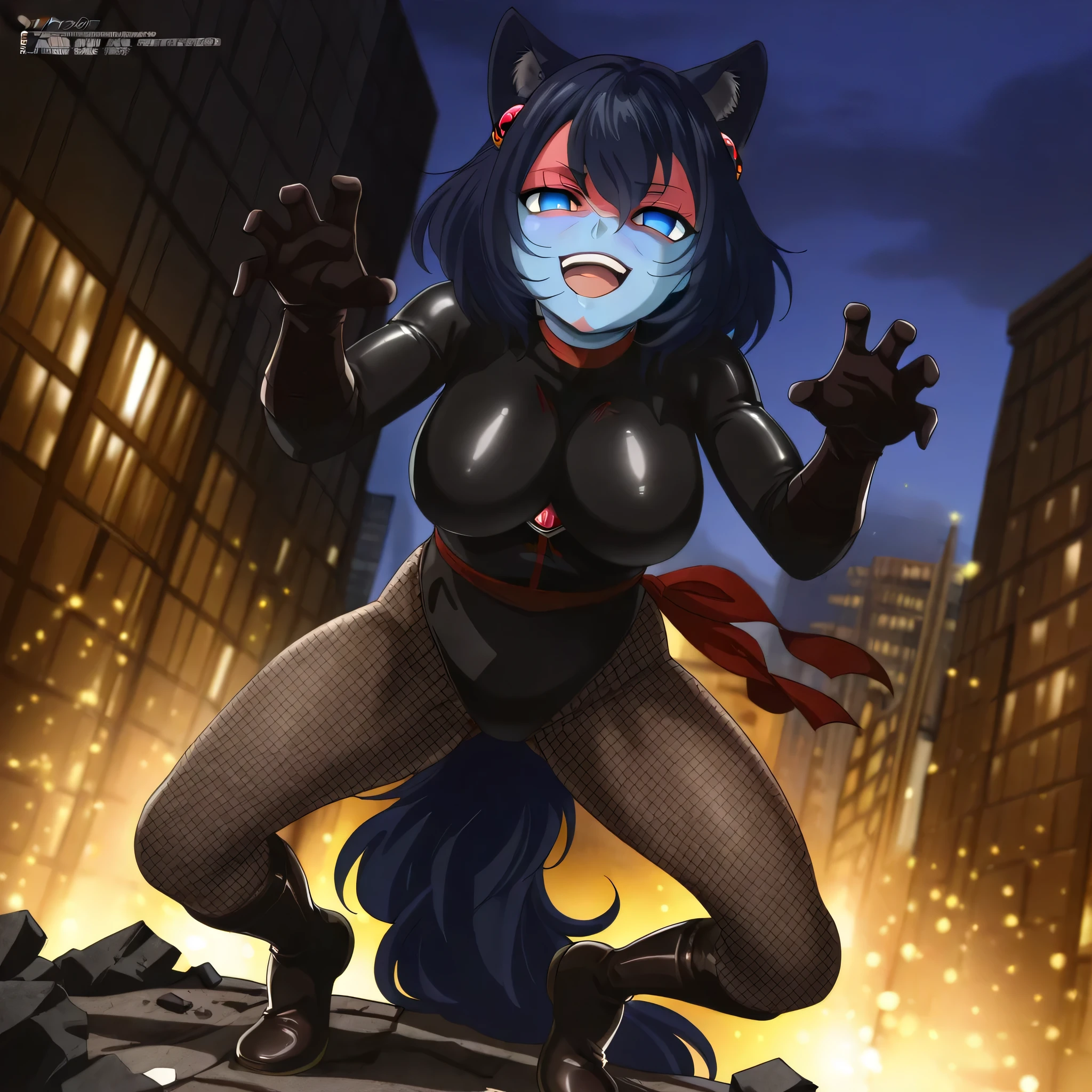 (((Masterpiece))), (((Best Quality))), ((Super Detail)), ultra-High resolution, score_9,score_8_up,score_7_up,score_6_up,score_5_up,score_4_up, BREAK, source_anime, anime screencap, uncensored, Masterpiece, (best shadow), (absurdres), (detailed background), (very aesthetic), detailed beautiful eyes, outstanding, an exquisite animation illustration, curvy, highres, shiny clothing, dark persona, empty eyes, blank eyes, shocker, black leotard, latex elbow gloves, brown fishnet pantyhose, (((blue skin))), colored skin, red sash, makeup, (((solo, 1girl))), hair ornament, pose, submissive pose, anime style, anime coloring, animification, megami magazine, pose, dynamic angle, cinematic angle, dutch angle, dynamic composition, medium , lia_lag00n, dark blue hair, short hair, bangs, hair between eyes, headwear, jewelry, cat ears, wolf tail, blue eyes, luminescent background, bokeh, outdoors, city, claw pose, hands up, night, leaning forward, fantasy, medieval, open mouth, evil smile, teeth, looking from front, view from front, from front, apocalyptic, apocalyptic city, debris, rubble, dark cloud, outdoors, blood splatter, , full body, , claw pose, standing, spreading legs, bowlegged pose, fighting, fighting stance, dynamic pose, action pose, night scene