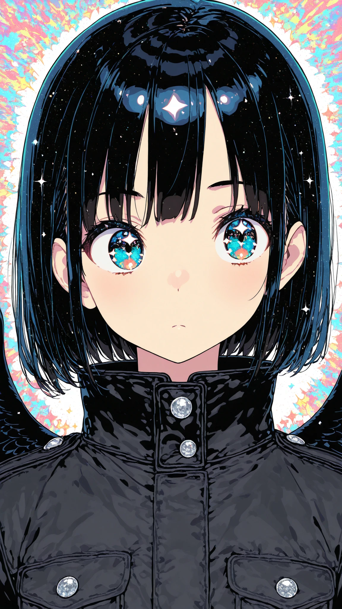 masterpiece, top quality, super detailed, super aesthetic, flat anime, 1girl, PORTRAIT, look at me, black jacket, accessory, black wings, Crow's Feather, cute anime,flat color, Sparkling particles, Graffiti Themes , Transcendental Technique Illustration, pop art,
