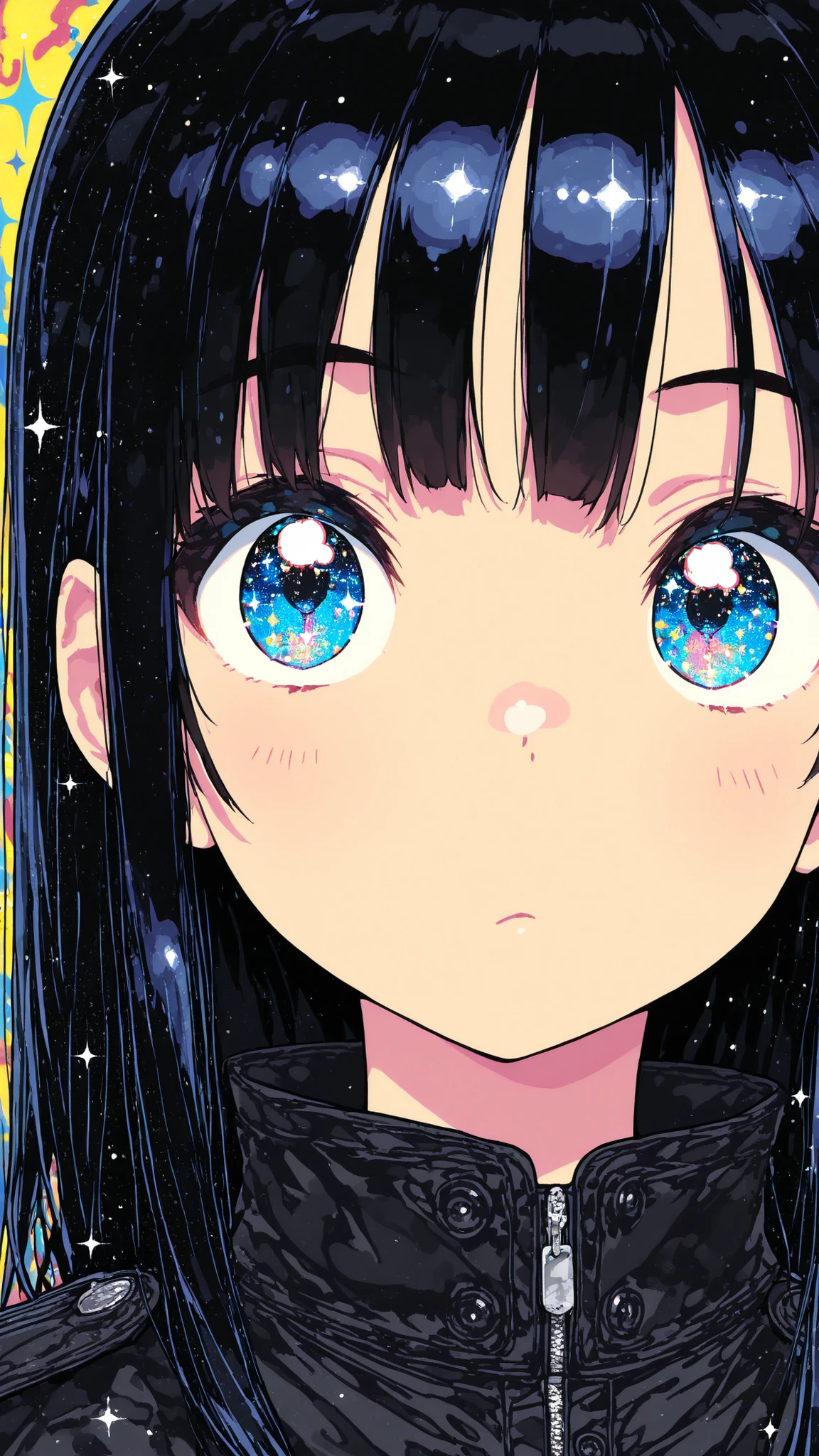 masterpiece, top quality, super detailed, super aesthetic, flat anime, 1girl, PORTRAIT, look at me, black jacket, accessory, black wings, Crow's Feather, cute anime,flat color, Sparkling particles, Graffiti Themes , Transcendental Technique Illustration, pop art,