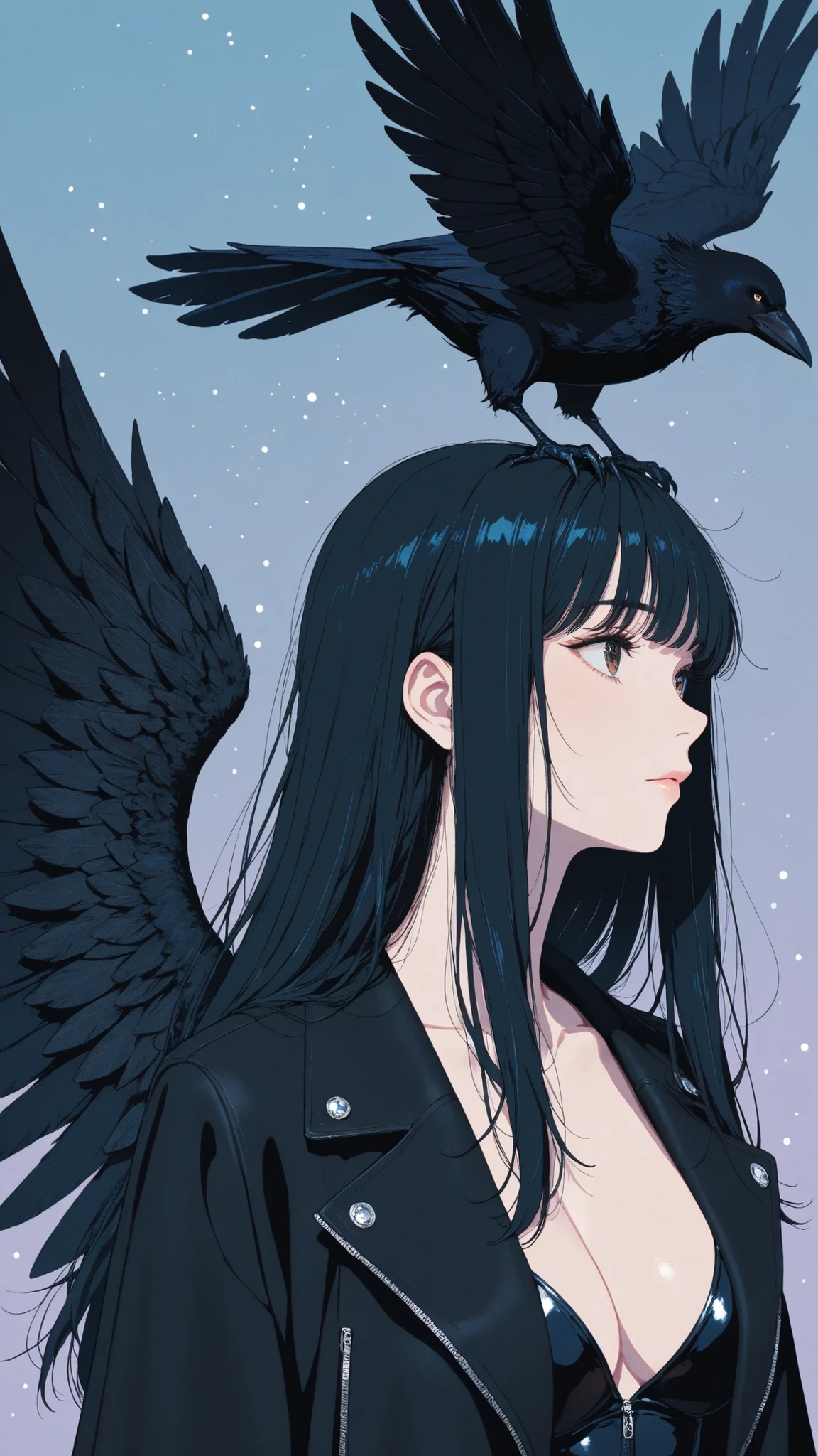 masterpiece, top quality, super detailed, super aesthetic, flat anime, 1girl, PORTRAIT, look at me, black jacket, accessory, black wings, Crow's Feather, cute anime,flat color, Sparkling particles, Graffiti Themes , Transcendental Technique Illustration, pop art,