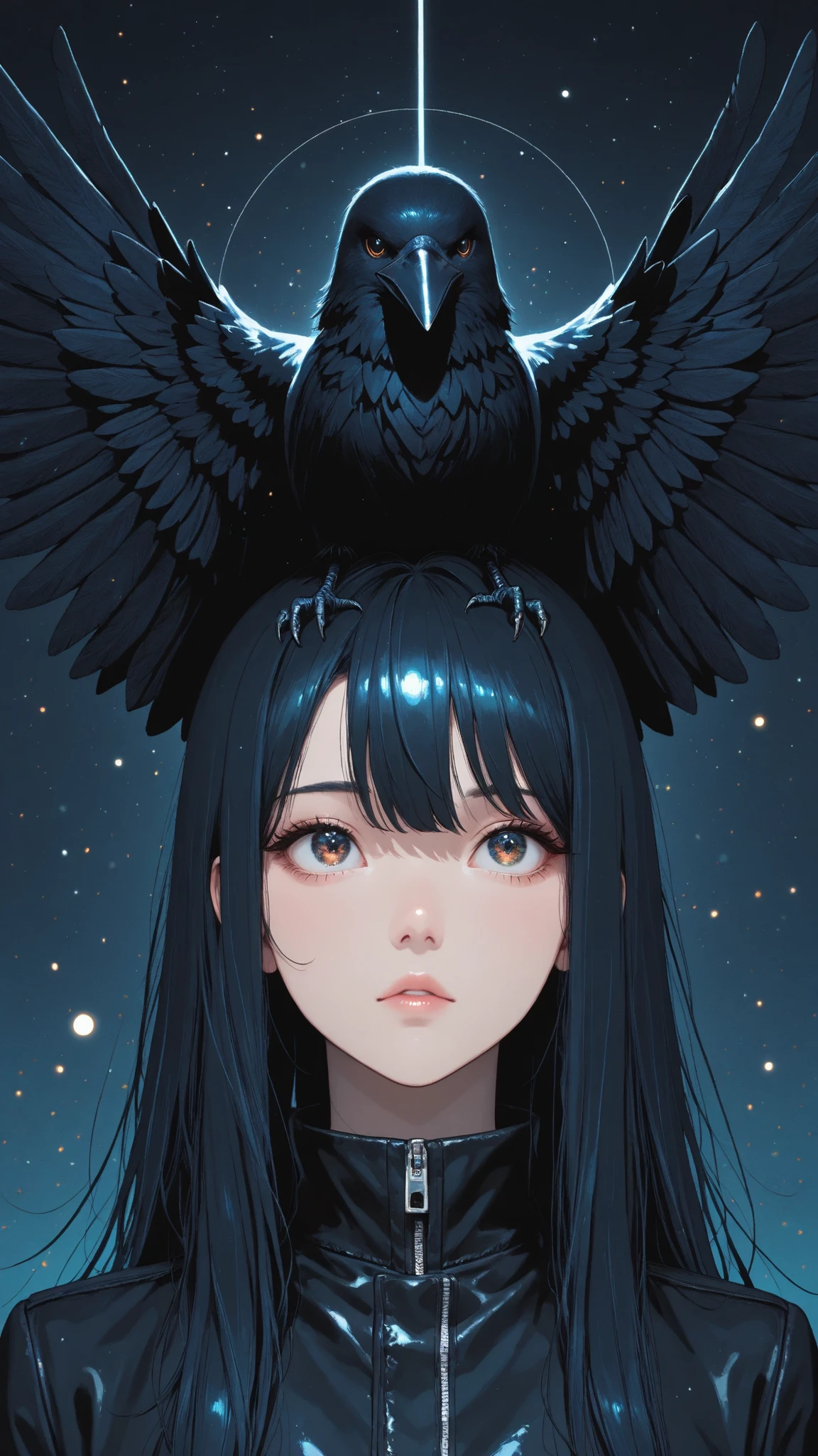 masterpiece, top quality, super detailed, super aesthetic, flat anime, 1girl, PORTRAIT, look at me, black jacket, accessory, black wings, Crow's Feather, cute anime,flat color, Sparkling particles, Graffiti Themes , Transcendental Technique Illustration, pop art,