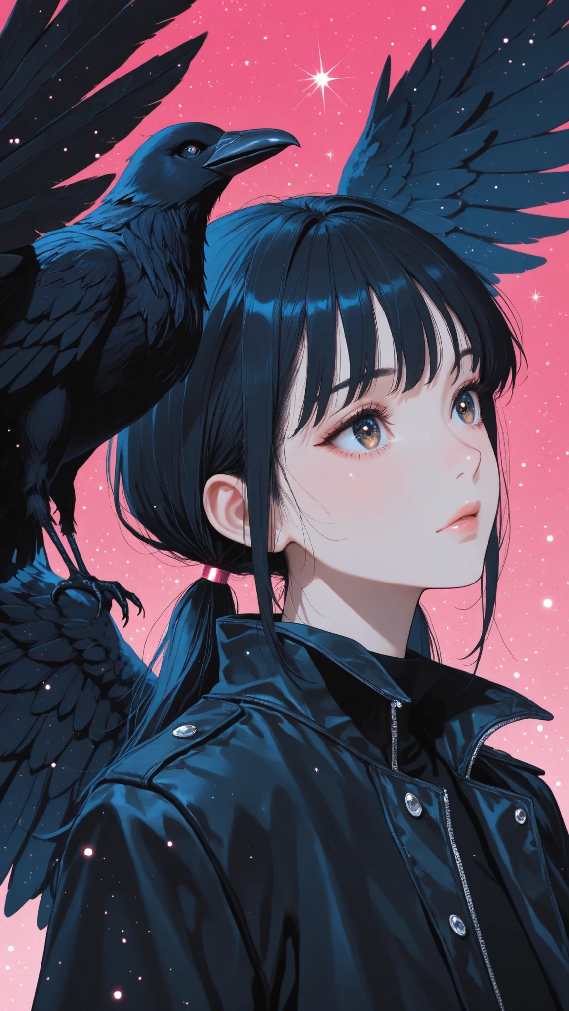 masterpiece, top quality, super detailed, super aesthetic, flat anime, 1girl, PORTRAIT, look at me, black jacket, accessory, black wings,  Crow's Feather, cute anime,flat color, Sparkling particles,  Graffiti Themes ,  Transcendental Technique Illustration, pop art,