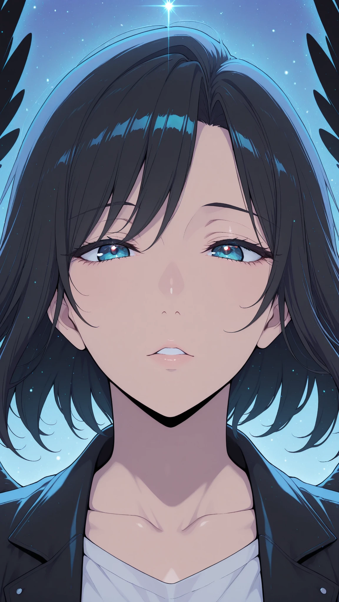 masterpiece, top quality, super detailed, super aesthetic, flat anime, 1girl, PORTRAIT, look at me, black jacket, accessory, black wings, Crow's Feather, cute anime,flat color, Sparkling particles, Graffiti Themes , Transcendental Technique Illustration, pop art,