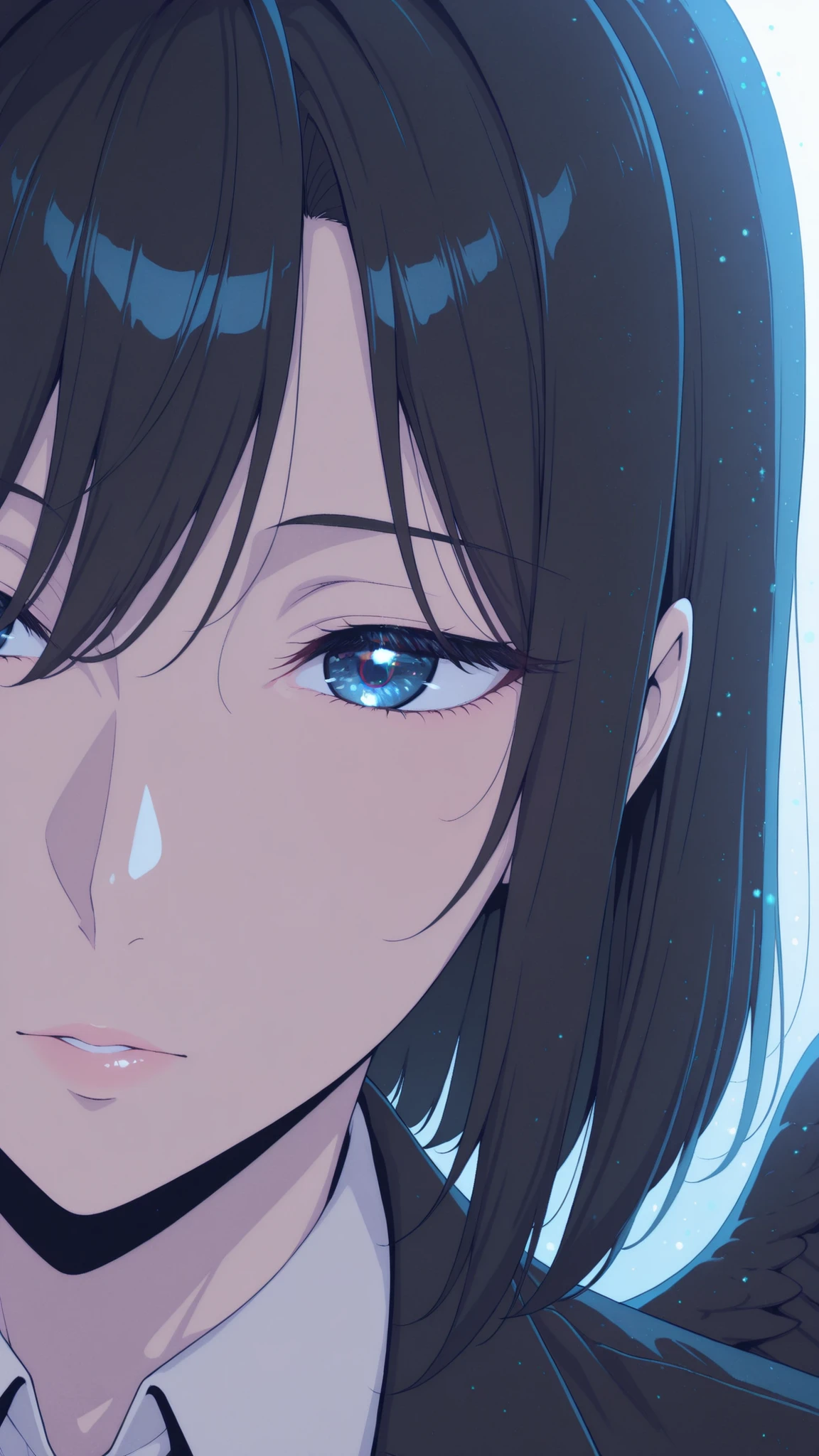 masterpiece, top quality, super detailed, super aesthetic, flat anime, 1girl, PORTRAIT, look at me, black jacket, accessory, black wings, Crow's Feather, cute anime,flat color, Sparkling particles, Graffiti Themes , Transcendental Technique Illustration, pop art,