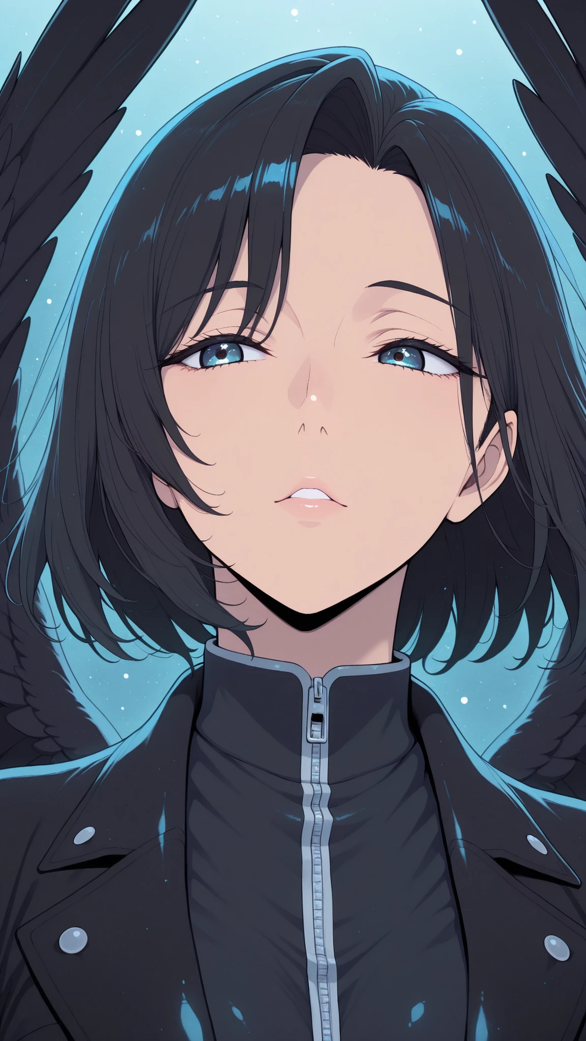 masterpiece, top quality, super detailed, super aesthetic, flat anime, 1girl, PORTRAIT, look at me, black jacket, accessory, black wings, Crow's Feather, cute anime,flat color, Sparkling particles, Graffiti Themes , Transcendental Technique Illustration, pop art,