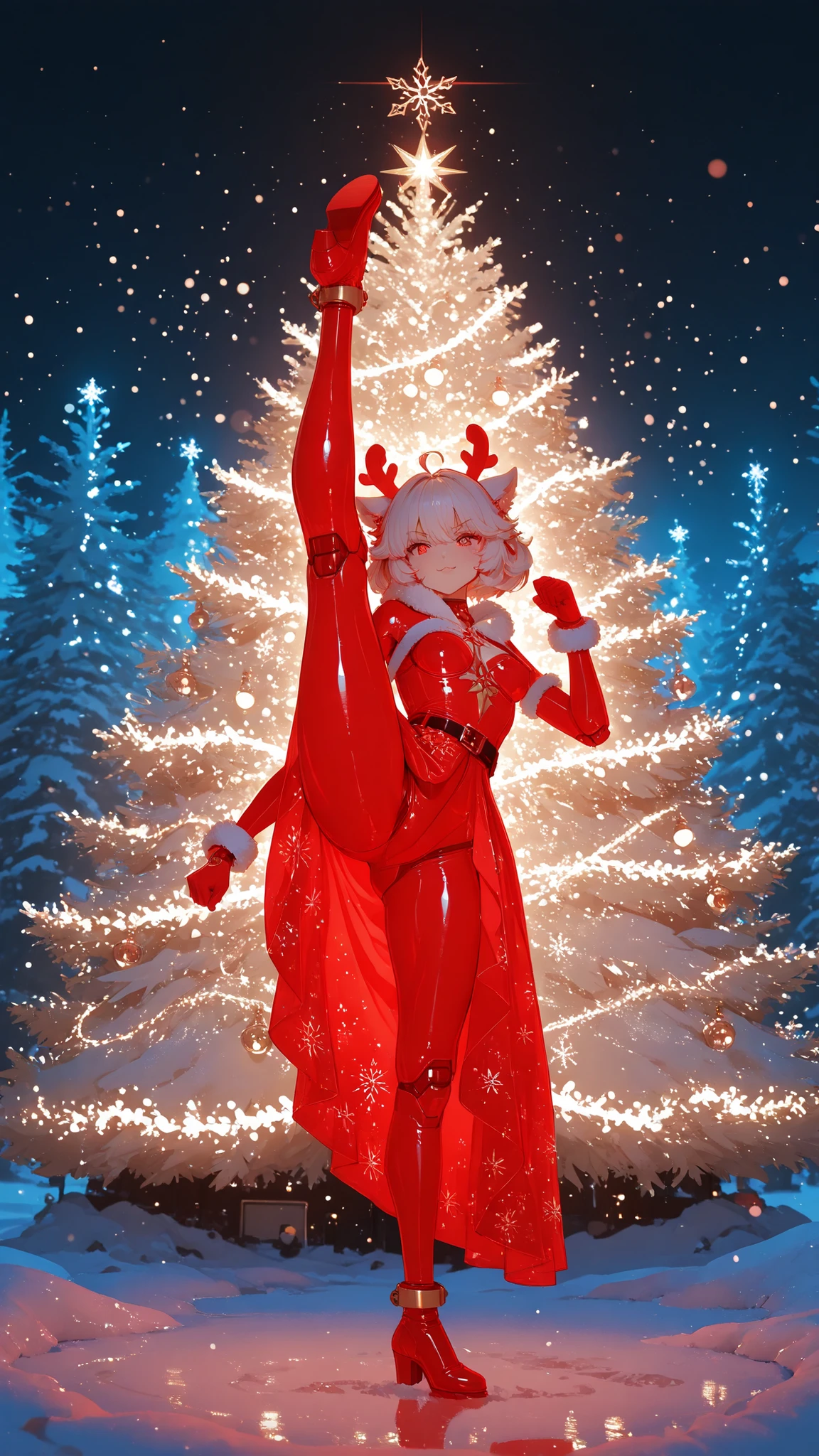 high kick pose (must), morimee_style, cute face, single female humanoid, 3DMM style,
Christmas-enhanced design, vivid red & green latex full-body suit with gold ornament details, fluffy white fur trim, Christmas long skirt,
hard-bondage inspired mechanical fashion elements,
exposed internal mechanical structure, visible wiring, artificial muscles, precision joints, circuit boards,
snow-covered deep forest, heavy snowfall, glowing Christmas trees, warm festive lights, shimmering ornaments,
soft falling snowflakes illuminated by colored lights, reflective latex textures, cinematic Christmas night atmosphere,
dynamic motion, powerful yet elegant posture, ultra detailed, 8K ultra high resolution