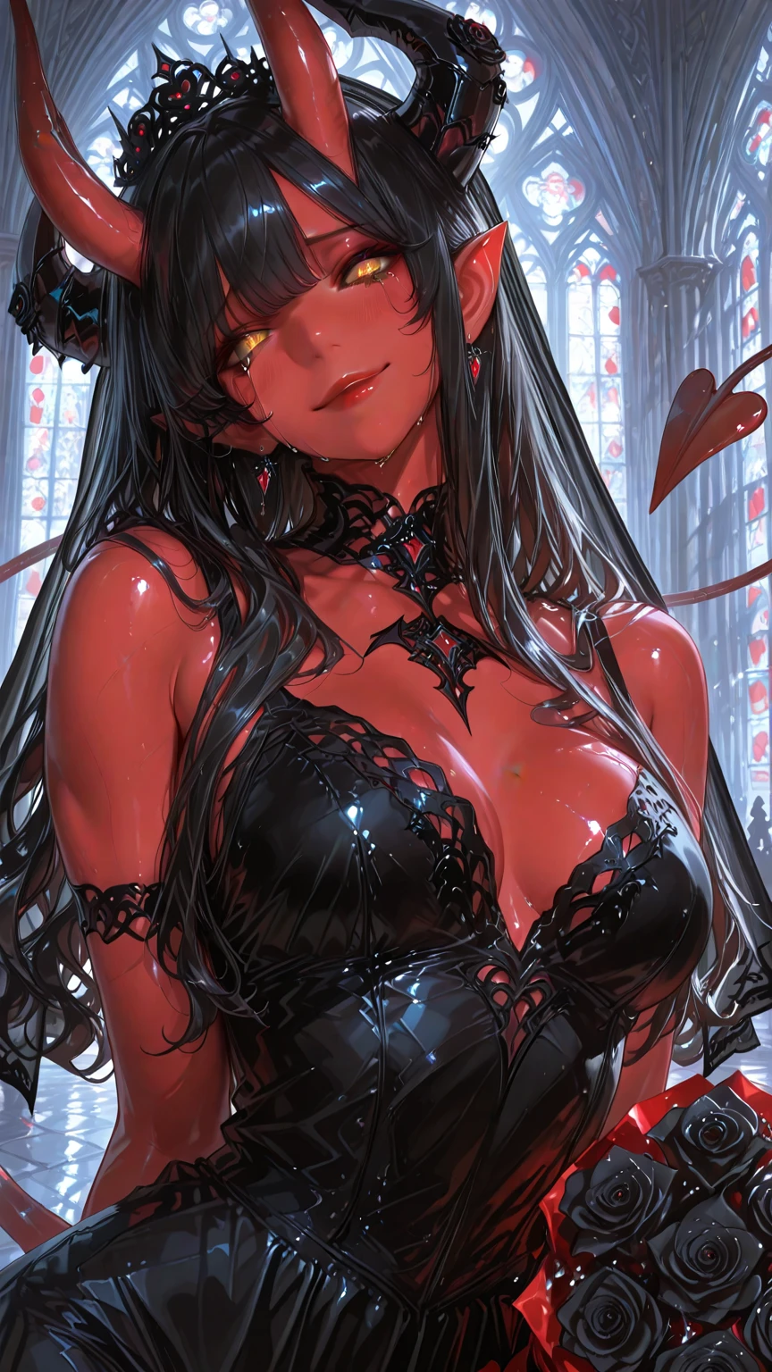 (high quality, 8k, 4K, high contrast, artwork:1.2, high quality, best aesthetics), (dynamic angle), ((1 woman)), , sensual, mature body, super detailed, beautiful face detailed, beautiful eyes detailed, detailed beautiful mouth, sexy body, perfect breats, perfect wide thighs, white pale skin, black hair, long straight loose black hair, black eyes, serious  expression, long eyelashes, gothic makeup, black lipstick, black eyeshadow, black eyeliner, Dirty torn white wedding dress, long dark aisle, standing,  body posture, looking at the viewer, centered.