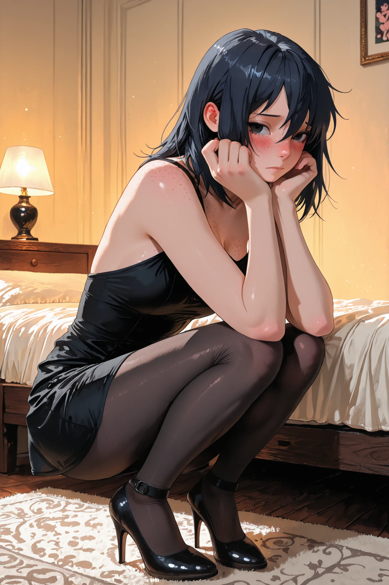 aletta_ocean, ,  breasts, ,  , medias de nylon negras, black nylon stockings, nylon thighighs, barefoot, acostada en la cama, cama negra elegante, Bed with black sheets, modern bedroom, sugerente, provocativa, , cuerpo entero