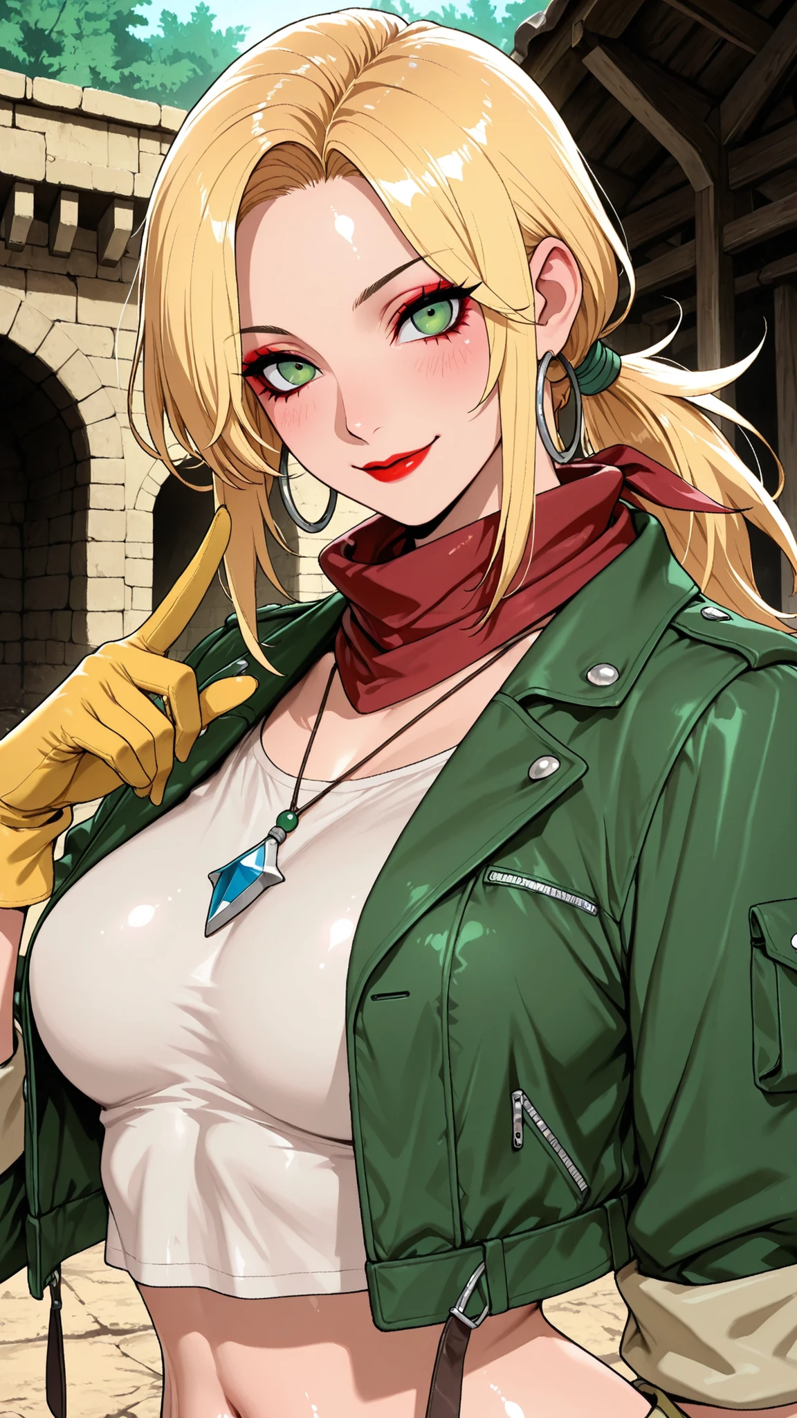 (masterpiece),top quality,great quality,VERY BEAUTIFUL,absurd,Newest,perfect body,glossy skin,perfect eyes,detail1eye,Well Defined Fingers,well-defined nails,Anime Style,Outdoors,1girl,solo,upper body with clear contours,(PORTRAIT:1.5),I'm watching viewers,Viewers facing,smile,blush,Eli Kasamoto - Metal Slug Awakening,GREEN BANDANA,Blonde,low ponytail,hoop earrings,Quota,green eyes,makeup,Lipstick,red scarf,necklace,green jacket,cropped jacket,white shirt,cropped shirt for humans,crop top,midriff, yellow gloves ,medium breast,belly button,