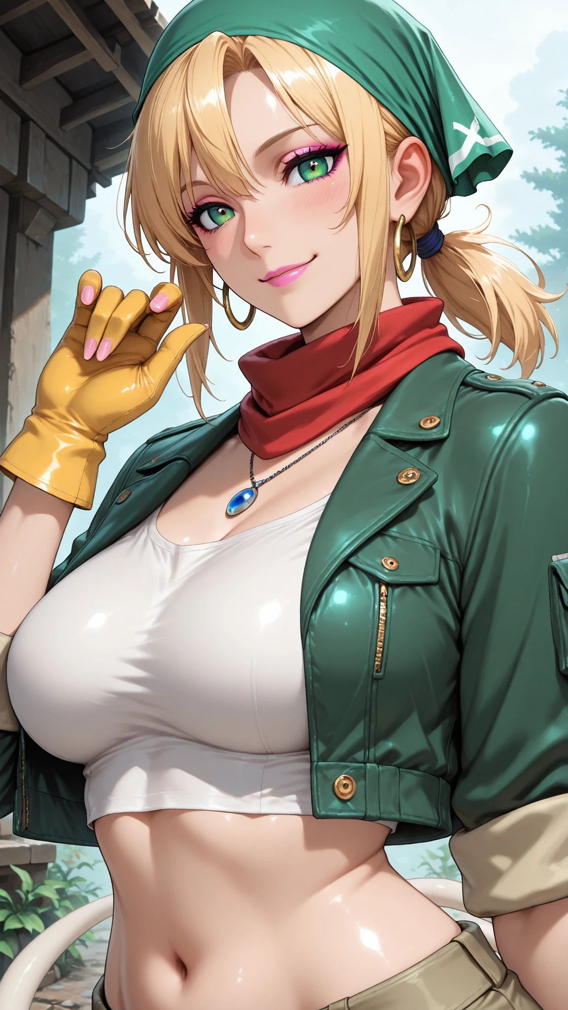 (masterpiece),top quality,great quality,VERY BEAUTIFUL,absurd,Newest,perfect body,glossy skin,perfect eyes,detail1eye,Well Defined Fingers,well-defined nails,Anime Style,Outdoors,1girl,solo,upper body with clear contours,(PORTRAIT:1.5),I'm watching viewers,Viewers facing,smile,blush,Eli Kasamoto - Metal Slug Awakening,GREEN BANDANA,Blonde,low ponytail,hoop earrings,Quota,green eyes,makeup,pale tail pink lipstick,red scarf,necklace,green jacket,cropped jacket,white shirt,cropped shirt for humans,crop top,midriff, yellow gloves ,medium breast,belly button,