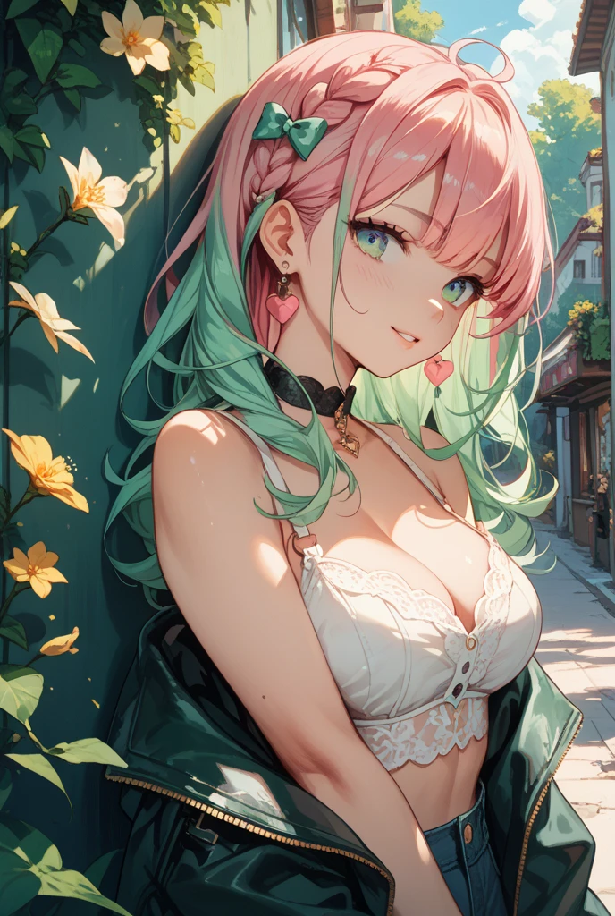 The image is of a beautiful woman wearing a tight fitting black lace . The woman has long flowing pink hair with strands of braided hair tied with red ribbon throughout. She has gorgeous green eyes that shine like emeralds. Her face is youthful and gorgeous. Her breasts are ample and seem too large for her tight fitting black lace . She is short in height but well developed -a short stack. She blushes as you look at her. She's standing in your bedroom and is excited to be with you. The image is ultra detailed with gorgeous colors, perfect line work, and detailed shading.