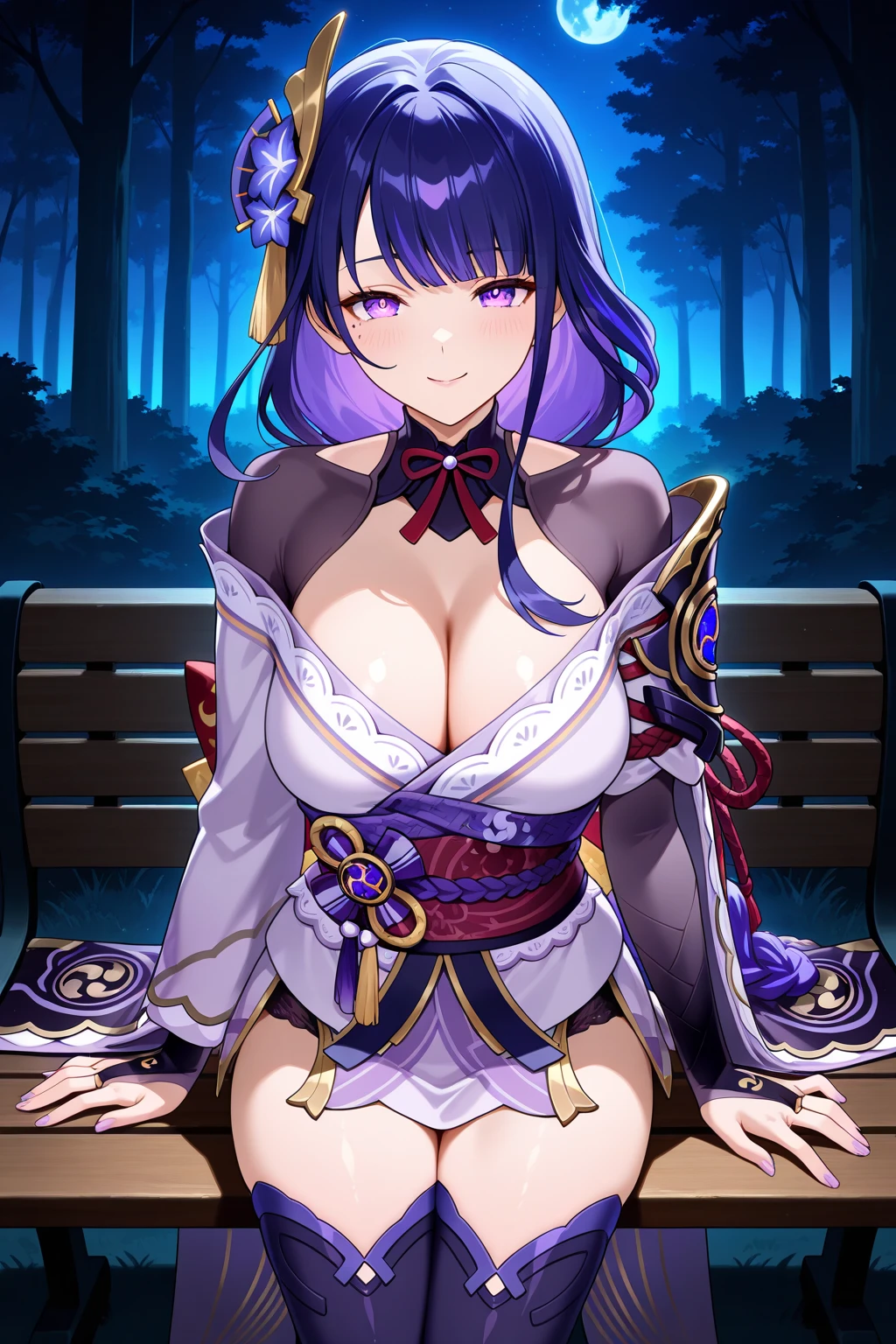masterpiece, best quality, 1girl, solo, raiden shogun, long hair, purple hair, purple eyes, , braided ponytail, hair ornament, blunt bangs, flowers, mole, mole under eye, sweat, Towel, Onsen background, in Onsen, Nighttime, Relaxed, 