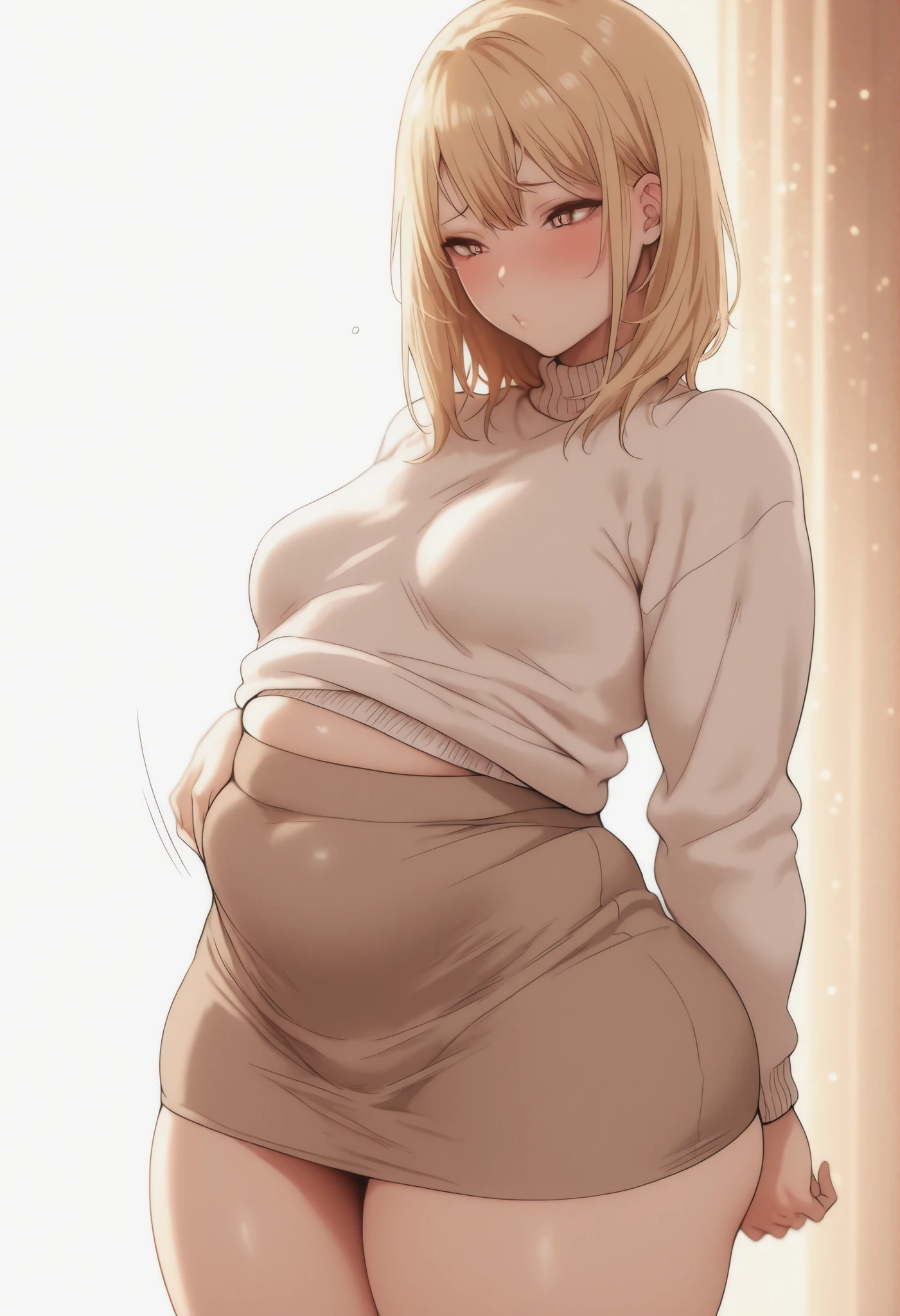 masterpiece, one girl, medium hair, blonde hair, bang,blush, details,perfect, details master pieces,high quality,, feminine, perfect,realistic, perfect lights, perfect lights,kind eyes, white sweater,chubby legs, skirt, chubby, curvy, small breasts, slightly distended belly, adult, mature, belly bulge,