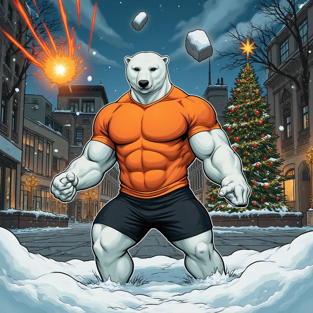 masterpiece, best quality, amazing quality, correct anatomy, absurdres, intricate details, high resolution, hyper-detailed, 1male, ((solo)), male, 
white fur, ((polar bear)), short grey beard, blue eyes, scars on body,
((massive size difference)), ((10 feet tall)), muscle, massive, big muscle, ((massive muscle)), dominant, rough, abs, eight pack, pecs, (wide shoulder, wide pec, massive pec muscle thick arms), mature, rugged, old male,

cowboy shot, bulge, santa, (santa costume), santa hat, red pants, carrying santa sack, closed mouth, smile