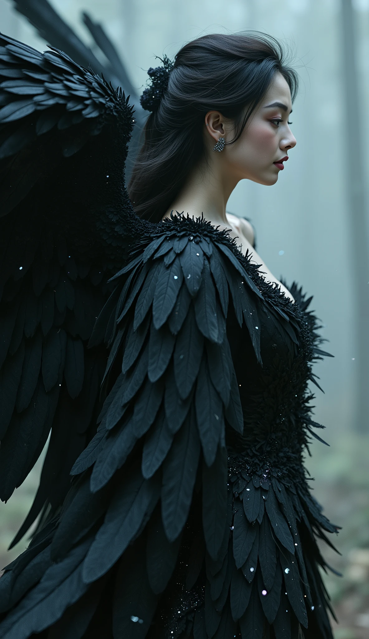 A beautifully haunting female dark angel in a romantic gothic style, shown in a dramatic side profile. He has elegant, sharp features, pale moonlit skin, and windswept raven-black hair resembling feathers. His athletic upper body is covered in layered obsidian feathers glowing softly with scattered blue bioluminescent sparks , , , curvy plump cleavage visible . Massive black wings curve behind him, detailed with ember-like floating particles. The atmosphere is misty and poetic, set in a ghostly, enchanted forest with diffused silver light. Mood: romantic, melancholic, , and gothic. Ultra-detailed, painterly, luminous shading