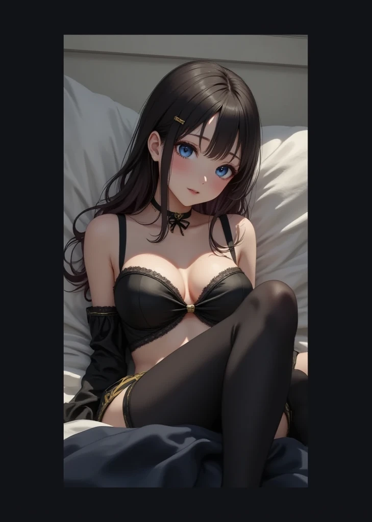 Lying position、randam angle、ランダムな onアクション、 on、ランダム onポーズ、独奏、Bra with delicate details、 pants with delicate details、28-year-old woman、s lips:A 、Hair color: Dark brownの、Translucent skin， the skin is fair and juicy,, （hairstyle on）Hair color：Dark brown、Random Hairstyles、（Basic Information）pleasured expression、Big open mouth、Moist eyes、、Gentle eyes、Spread your 、Mouth wide open、 onの表情、knee high stockings、Highest quality image quality