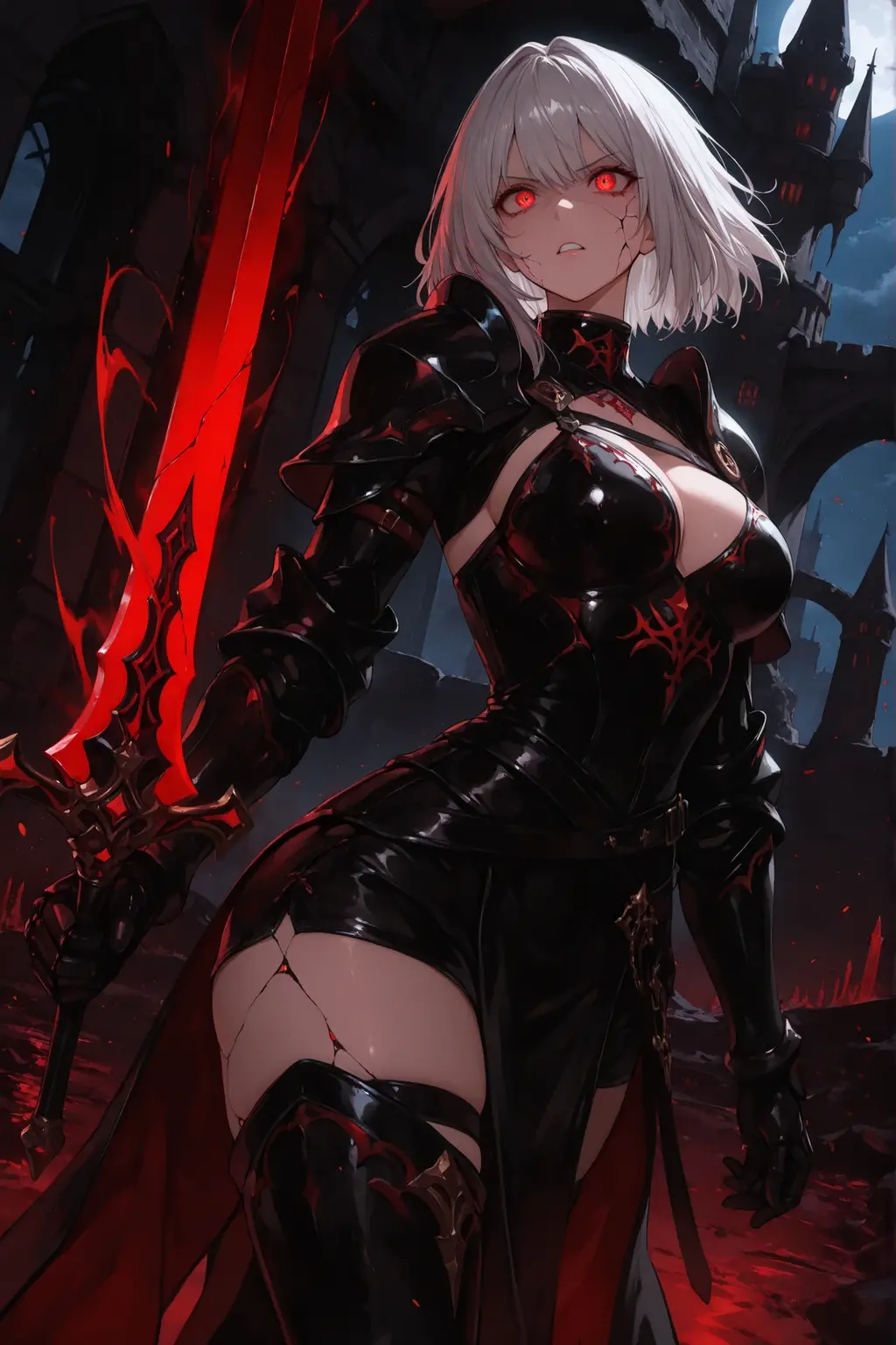 little Red Riding Hood，Fantasy World，White short hair，Sexy body，tall，slim，Wearing tights，Red and gold eyes，With a musket in his hand，Wearing black，Hair with red highlights，Wearing leather armor，Metal arm armor，Wears a red hood，Wear a shawl，The shawl is very short，Wearing long boots，side fringe，Hips，Royal sister，Demon hunter，High and cold